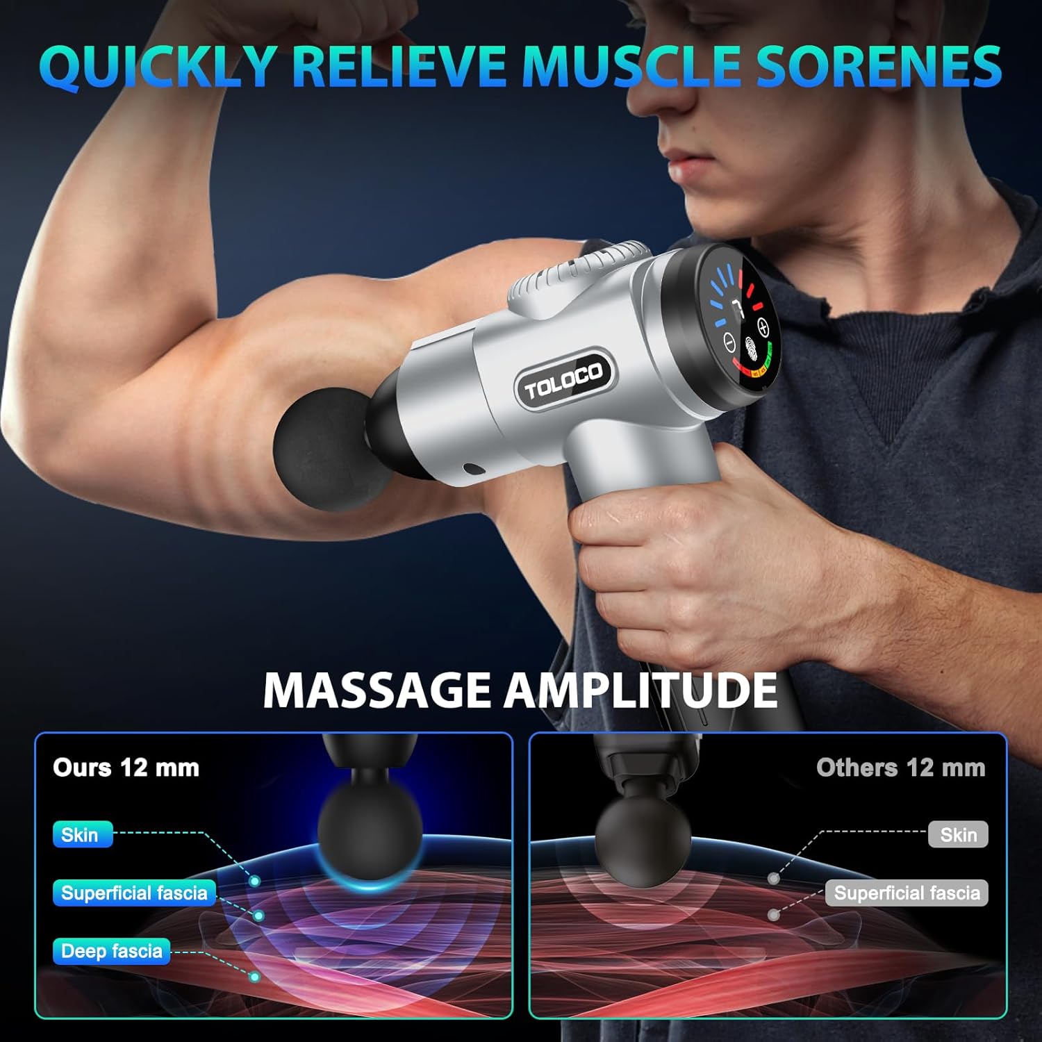 TOLOCO Massage Gun, Deep Tissue Back Massage for Athletes for Pain Relief, Percussion Massager with 10 Massages Heads & Silent Brushless Motor