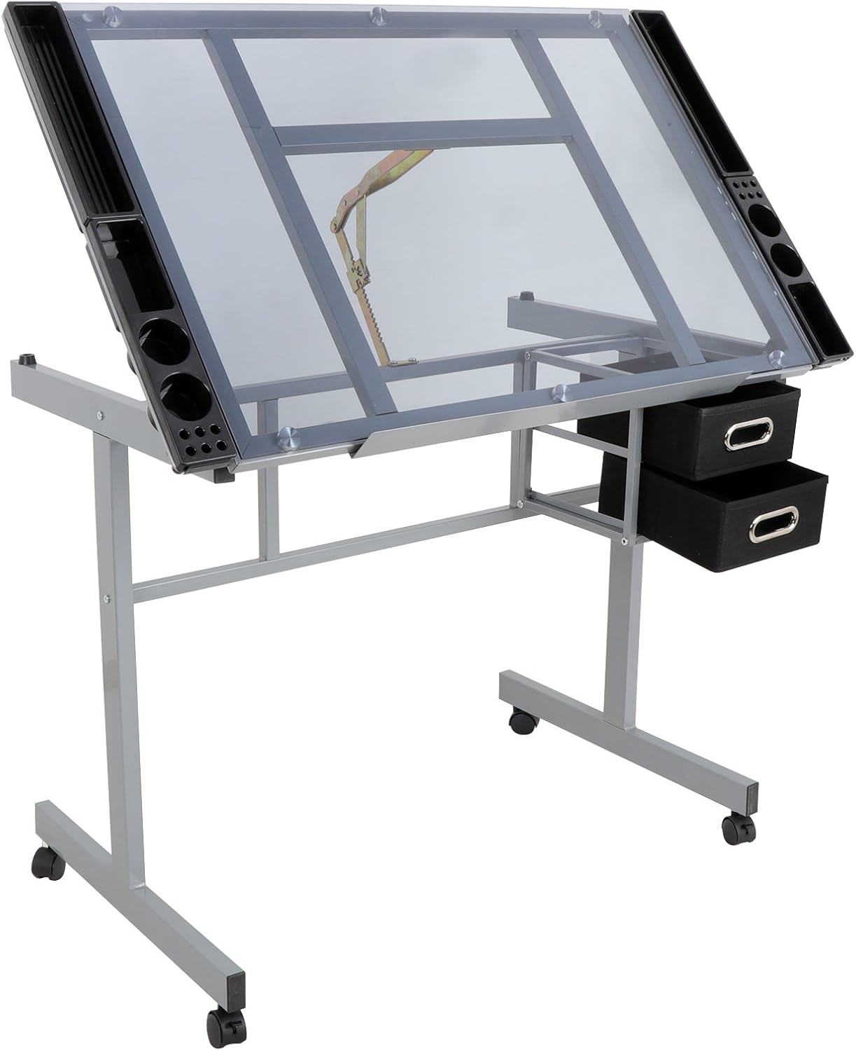 JupiterForce Adjustable Drafting Table Art Desk Drawing Table Versatile Art Craft Work Station Glass Tabletop w/2 Slide Drawers and Wheels for Reading
