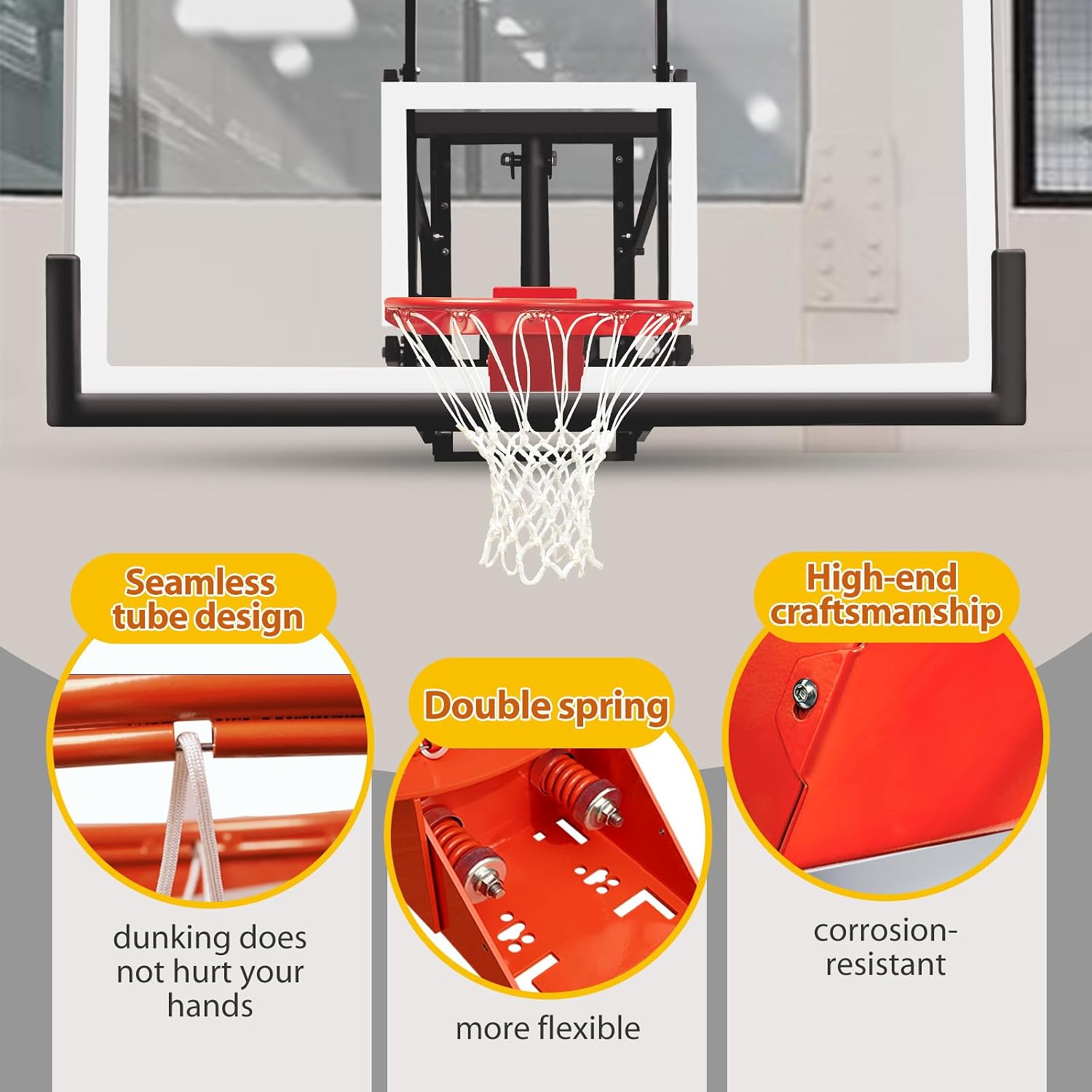 Katop Wall Mount Basketball Hoop with 60"x36", 72"x42" Tempered Glass Backboard, Effortlessly Height Adjustable from 7.5' to 10'