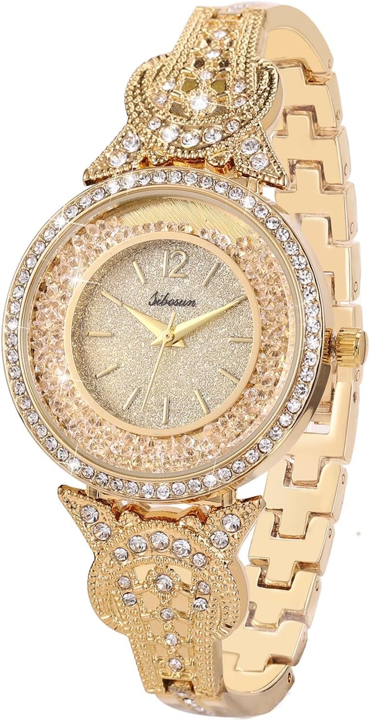 SIBOSUN Lady Women Wrist Watch Quartz Gold Stainless Steel Crystal Dress Fashion Bracelet