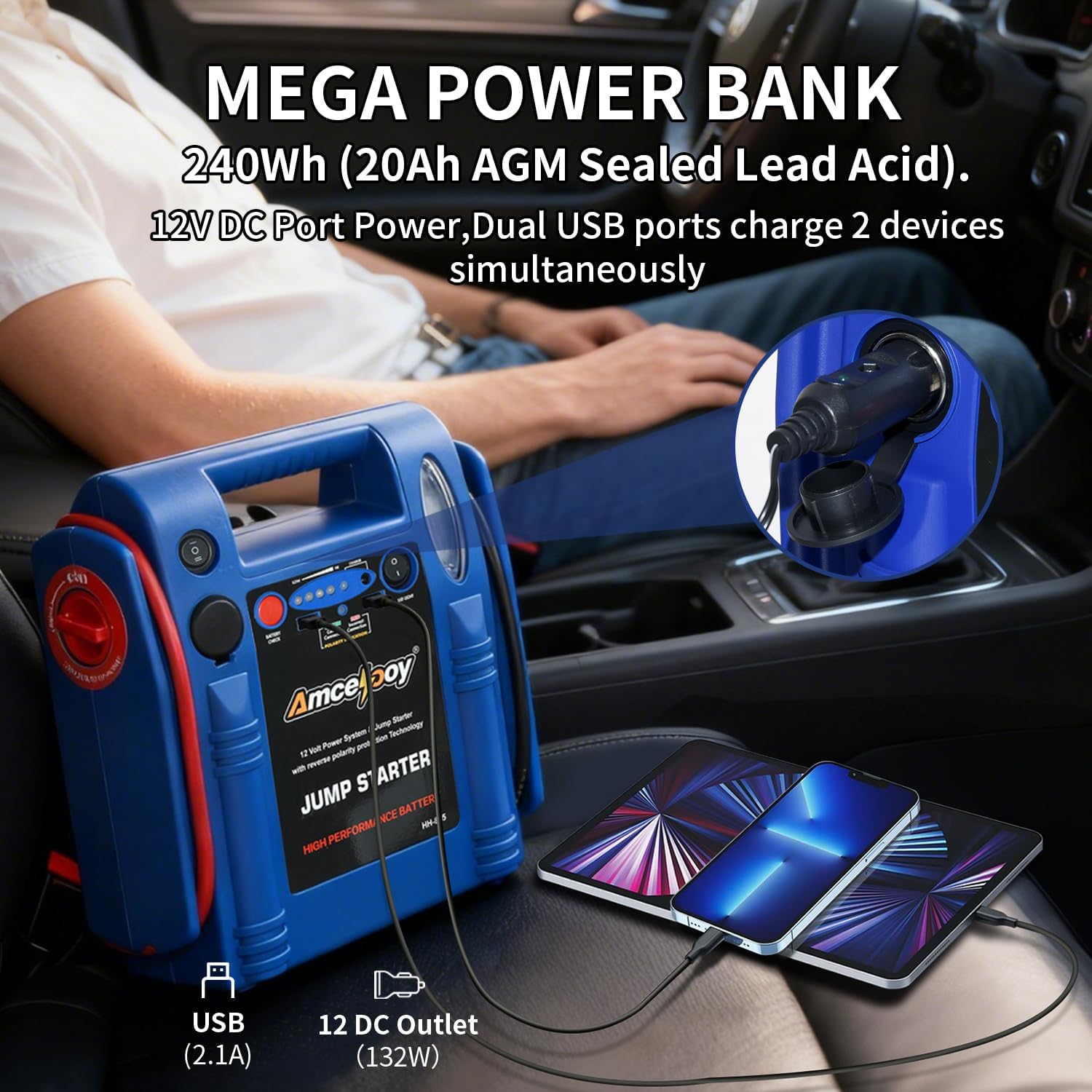 2000 Peak Amp Car Battery Jump Starter, 12V Booster for Up to 8.0L Gas & 8.0L Diesel Engines, Portable Jump Box with LED Light, USB & DC Ports