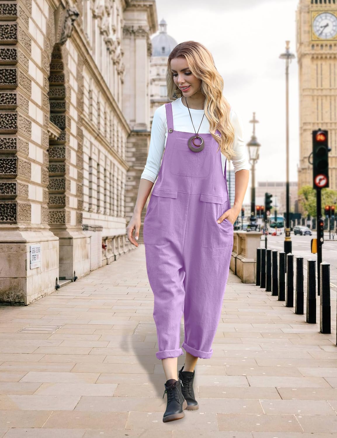 YESNO Women Long Casual Loose Bib Pants Overalls Baggy Rompers Jumpsuits with Pockets PV9