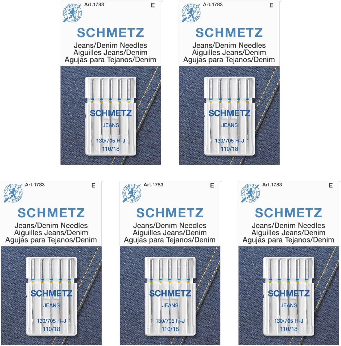 SCHMETZ Jean & Denim Sewing Machine Needles - Precision Needles for Heavy Fabric, Size 110/18, 5-Needle Cards, Pack of 1