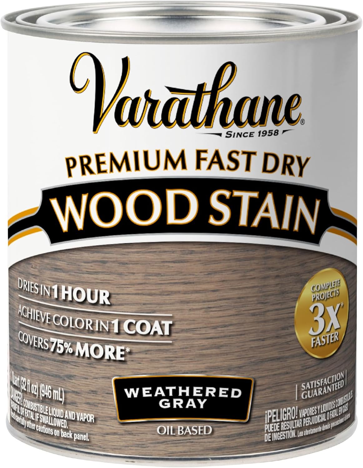 Varathane Premium Fast Dry Weathered Gray Wood Stain | Oil-Based, 1 Coat Color, 1 Hour Dry Time, Interior Wood Stain, Furniture, Cabinets, Doors, Covers Up to 275 Sq Ft, Quart