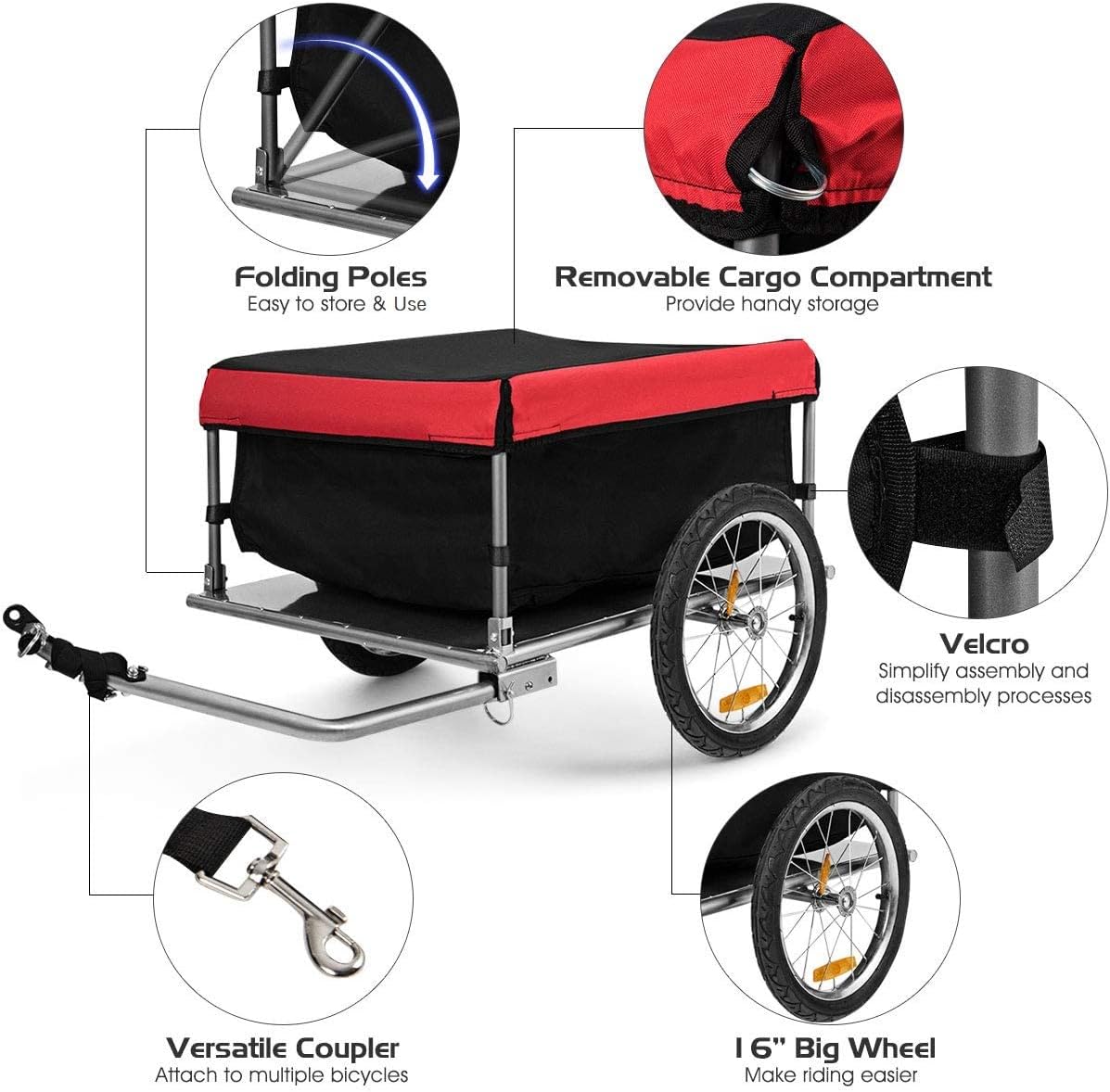 Goplus Bike Cargo Trailer, Foldable Bicycle Trailer with 16” Wheels, Removable Cover, Oxford Fabric, Folding Frame Quick Release