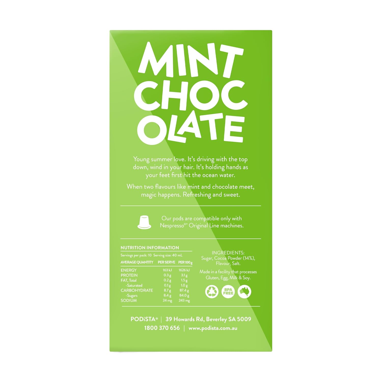 Hot Chocolate Nespresso Compatible Capsules Hot Cocoa Pods - Mint Infusion - 10 Pod Package