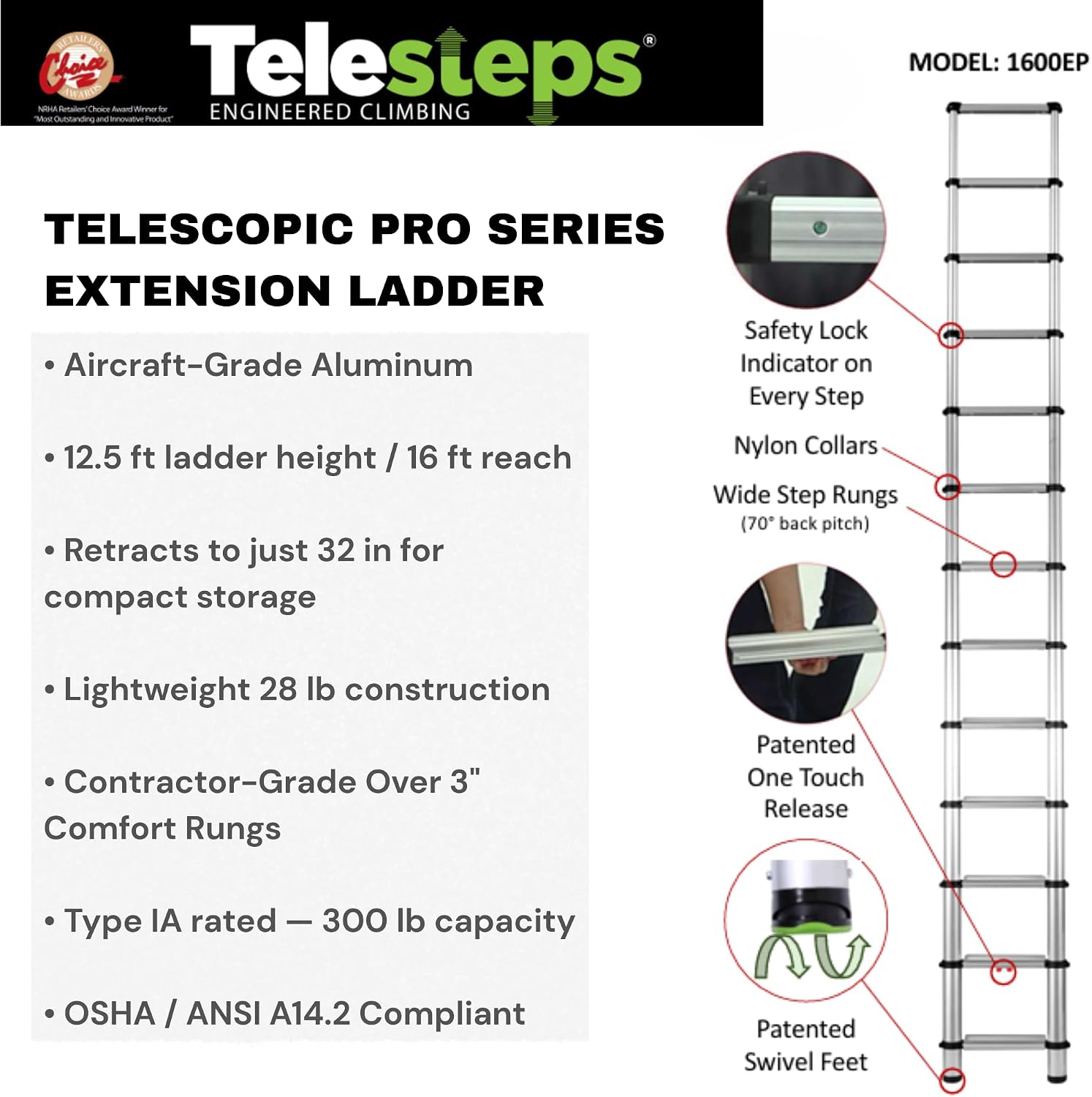 Telesteps 1600EP Pro Series Wide Step Telescoping Ladder – 12.5 ft Height
