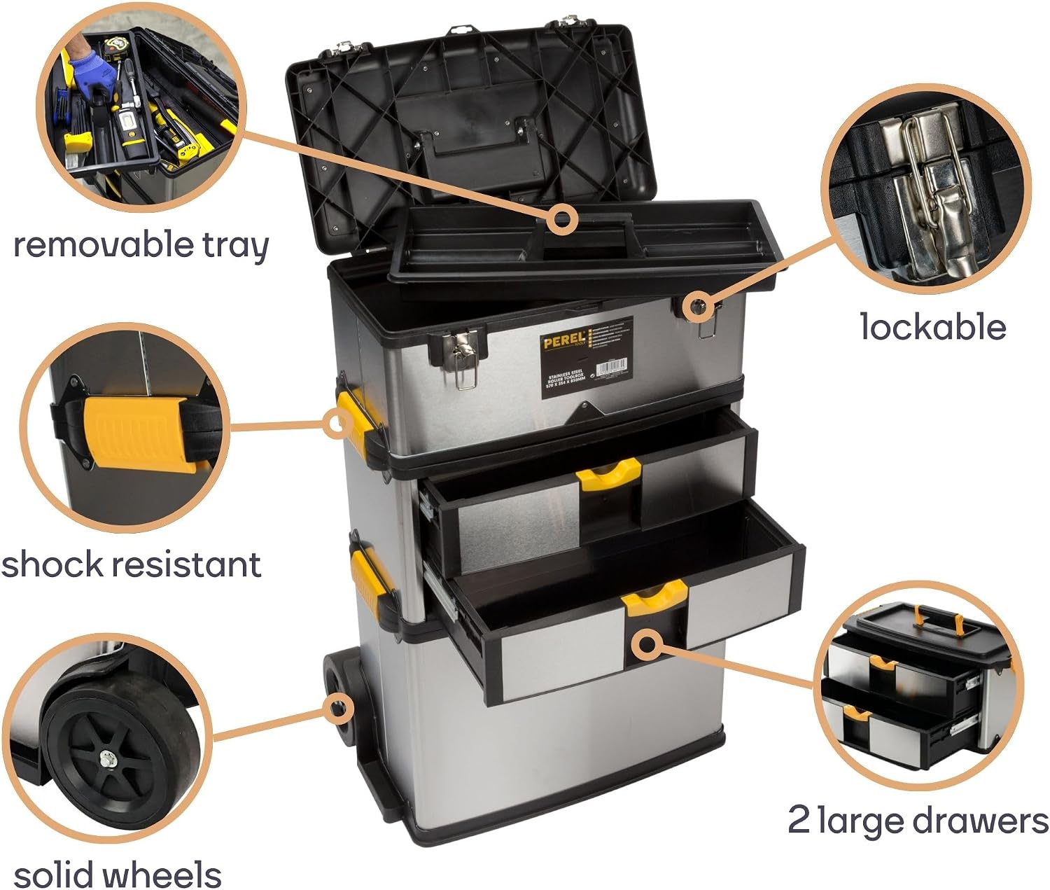 Perel OTBA4 Roller Toolbox Stainless Steel 570 x 354 x 830 mm