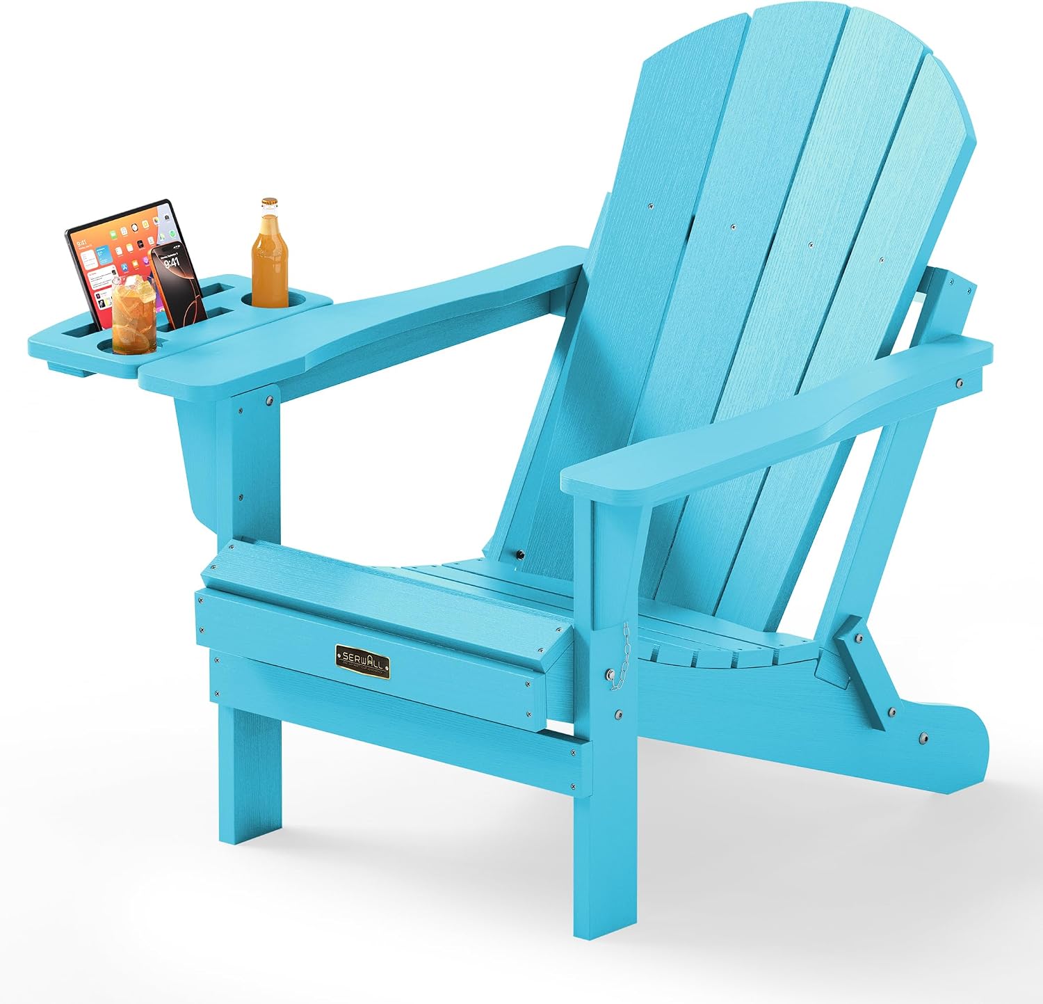 SERWALL Folding Adirondack Chairs with Cup Holder, Outdoor Fire Pit - Blue