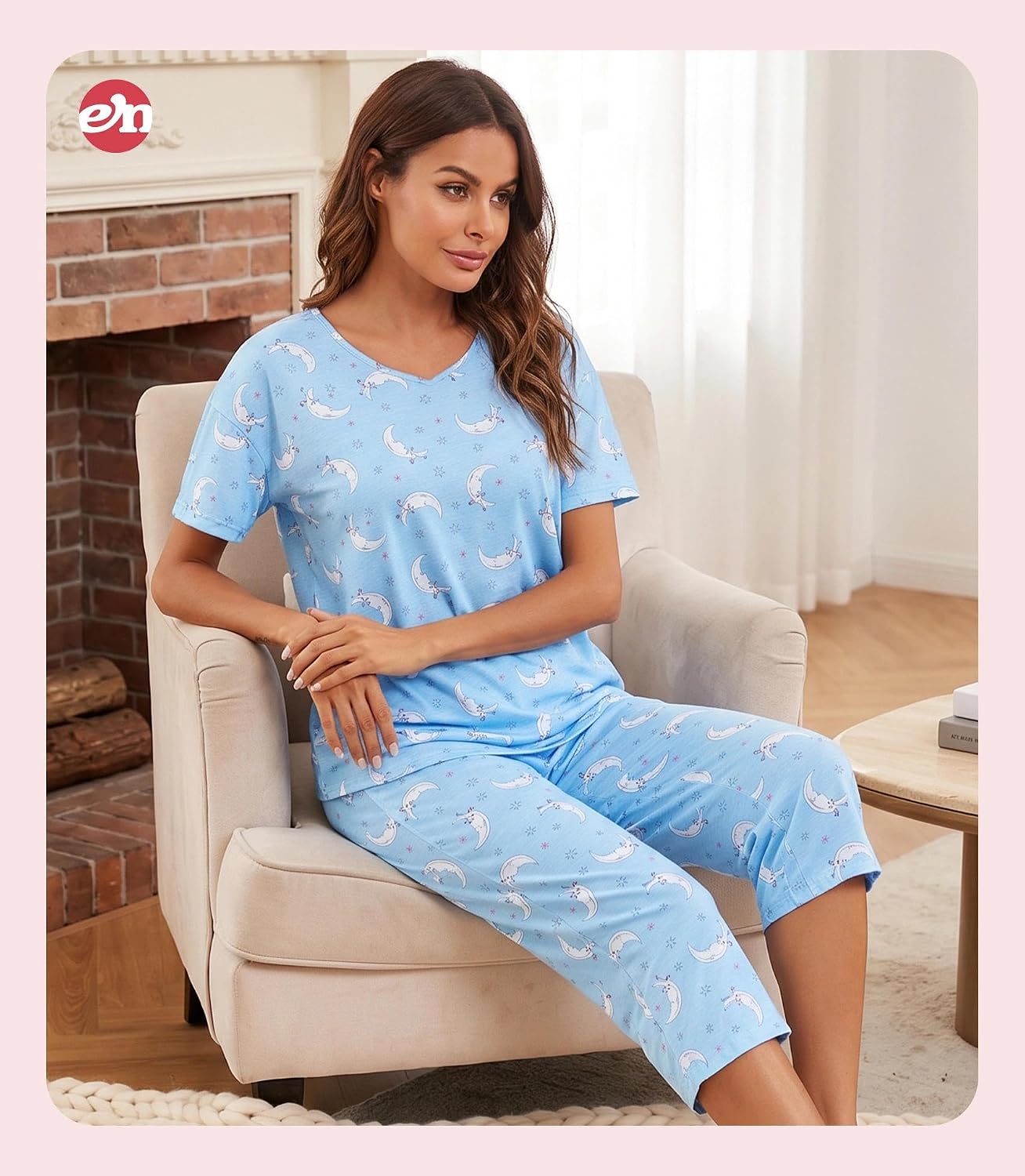 ENJOYNIGHT Womens Pajama Set Cotton Short Sleeve Top With Capri Pants Pj
