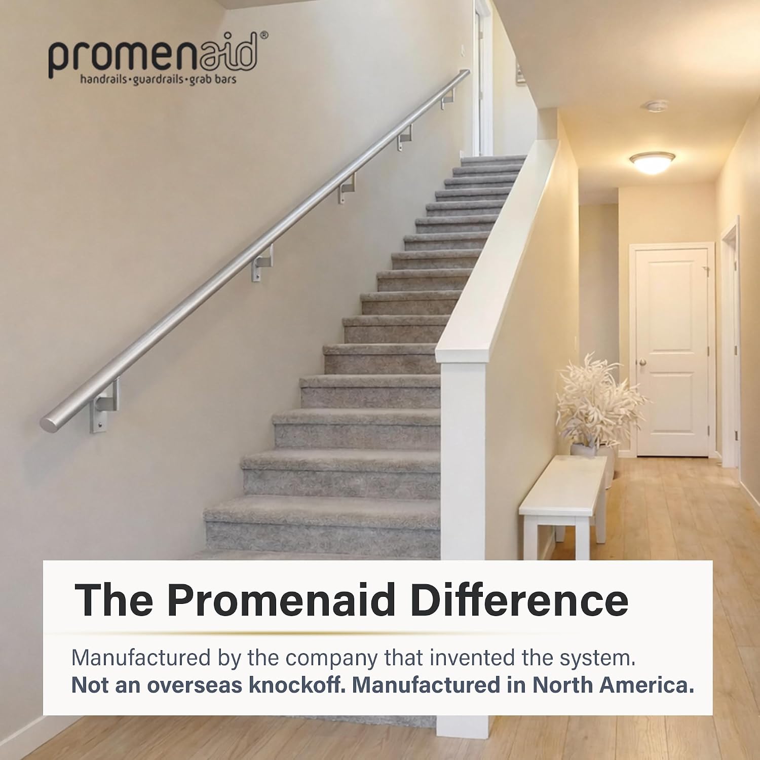 Promenaid Silver 3ft Flush Handrail Kit - Complete Indoor/Outdoor Stair Handrail - Modern 1.6" Round Satin-Anodized Aluminum Railing with 2 Silver