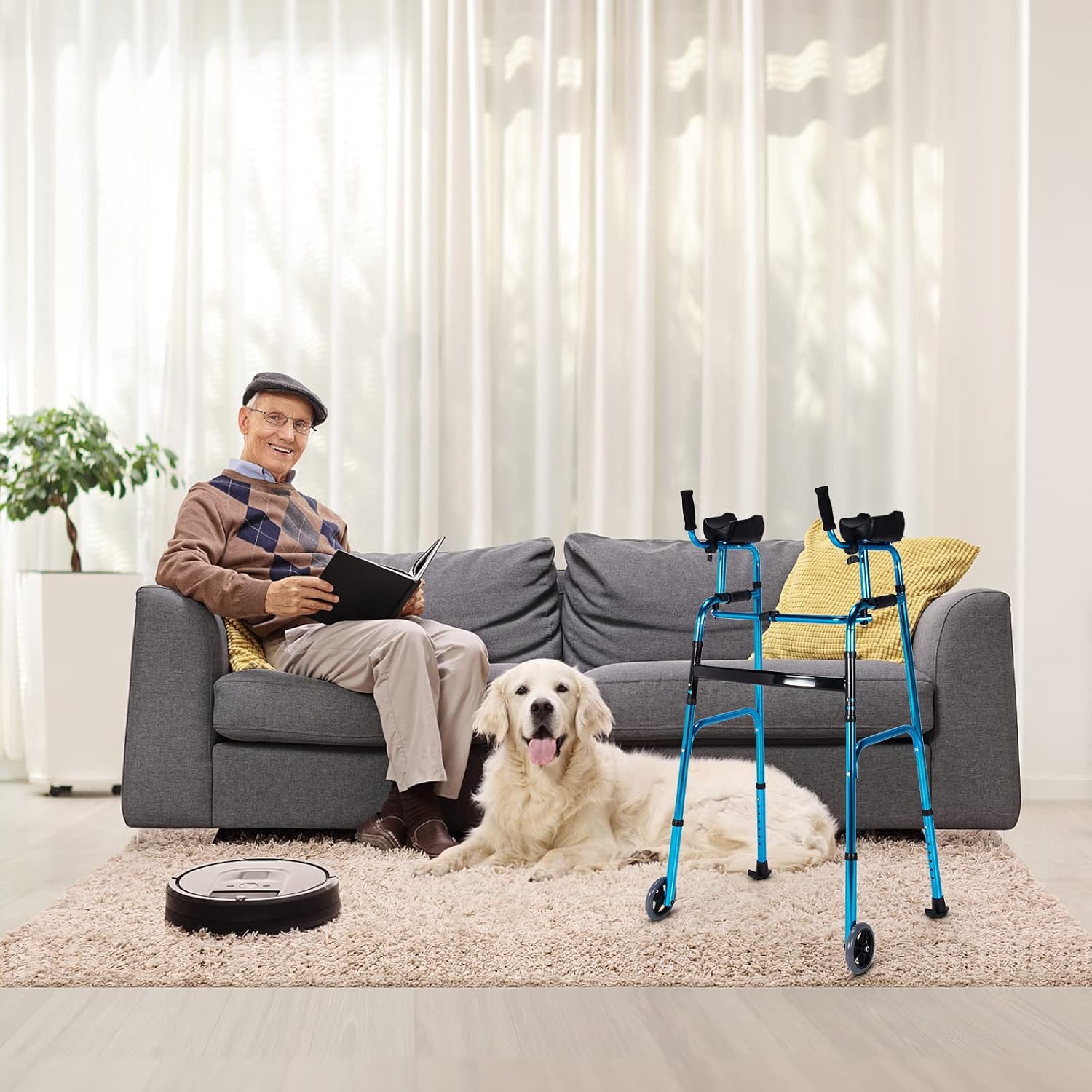 Goplus Walkers for Seniors, Foldable Standard Walker with 5’’ Wheels and Removable Padded Armrests 220lbs, Lightweight Walking Mobility Aid