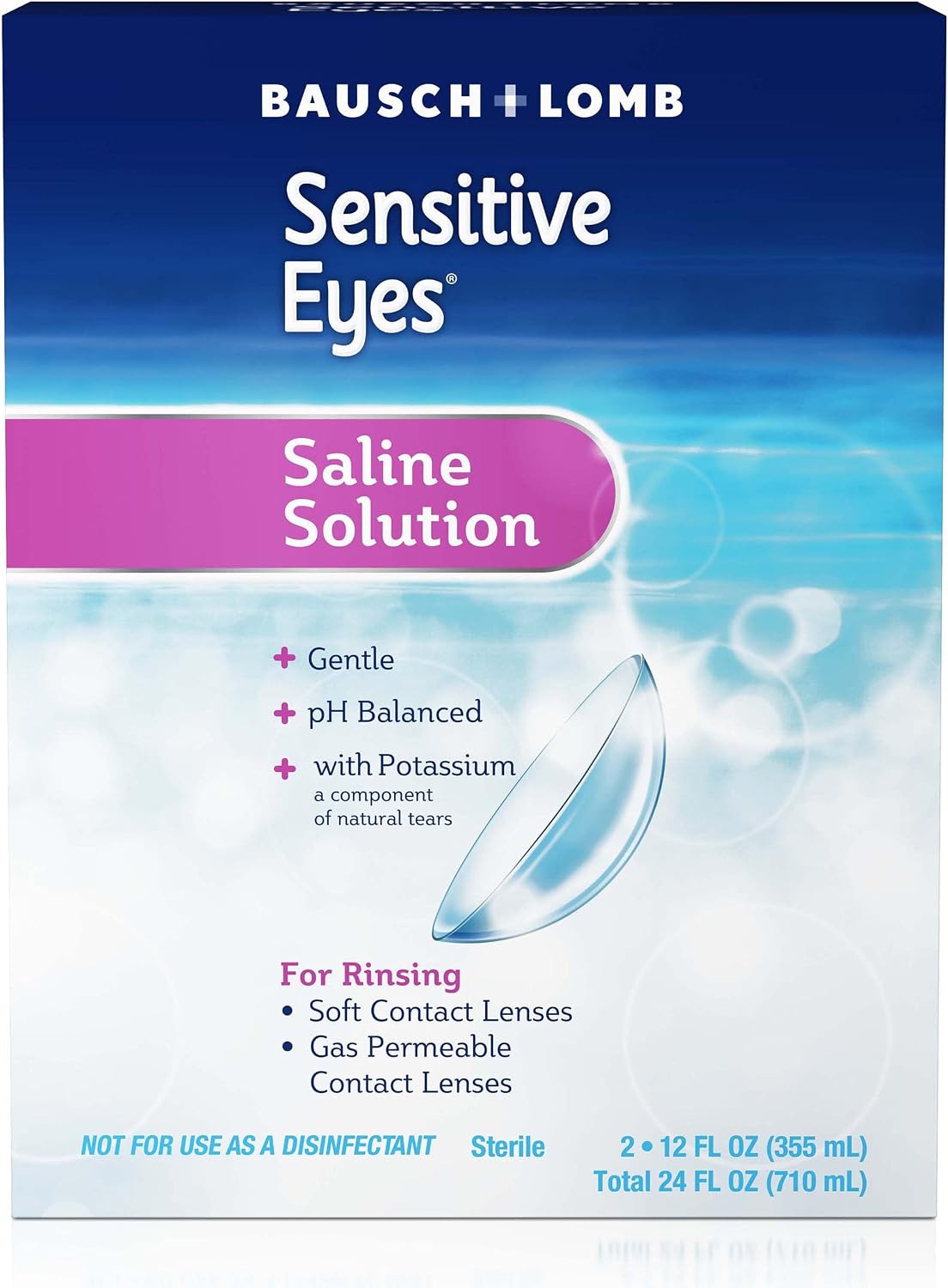 Bausch + Lomb Sensitive Eyes Saline Solution, Gentle Daily Rinse for Soft & Gas Permeable Contact Lenses, with Potassium, 12 Fl Oz (Pack of 2)