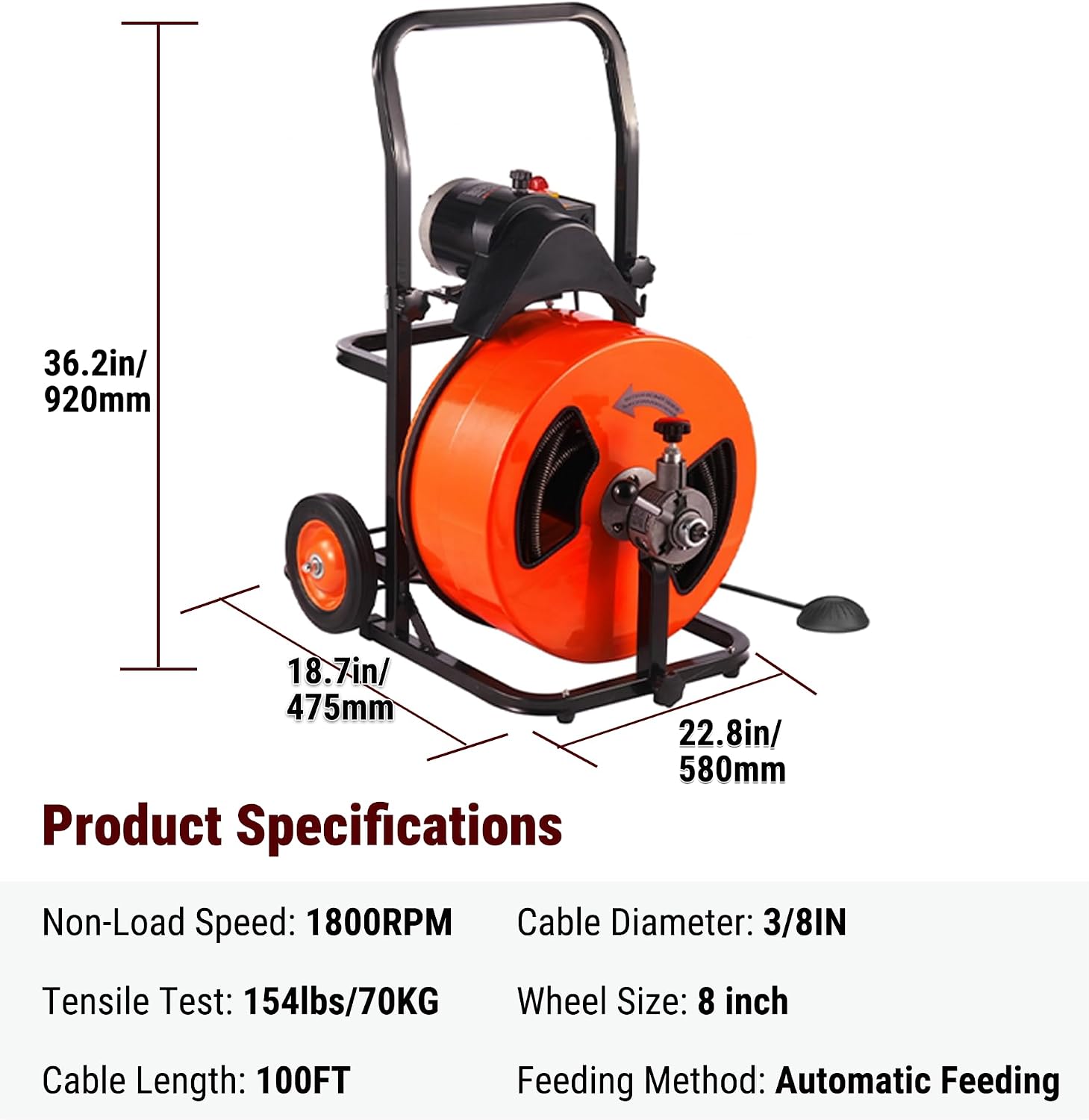 HoldwellS 50FT x 5/16 Inch Drain Cleaner Machine, Electric Drain Auger for 3/4"-3" Pipes, Sewer Snake Auger with 4 Cutters & Pneumatic Foot Switch