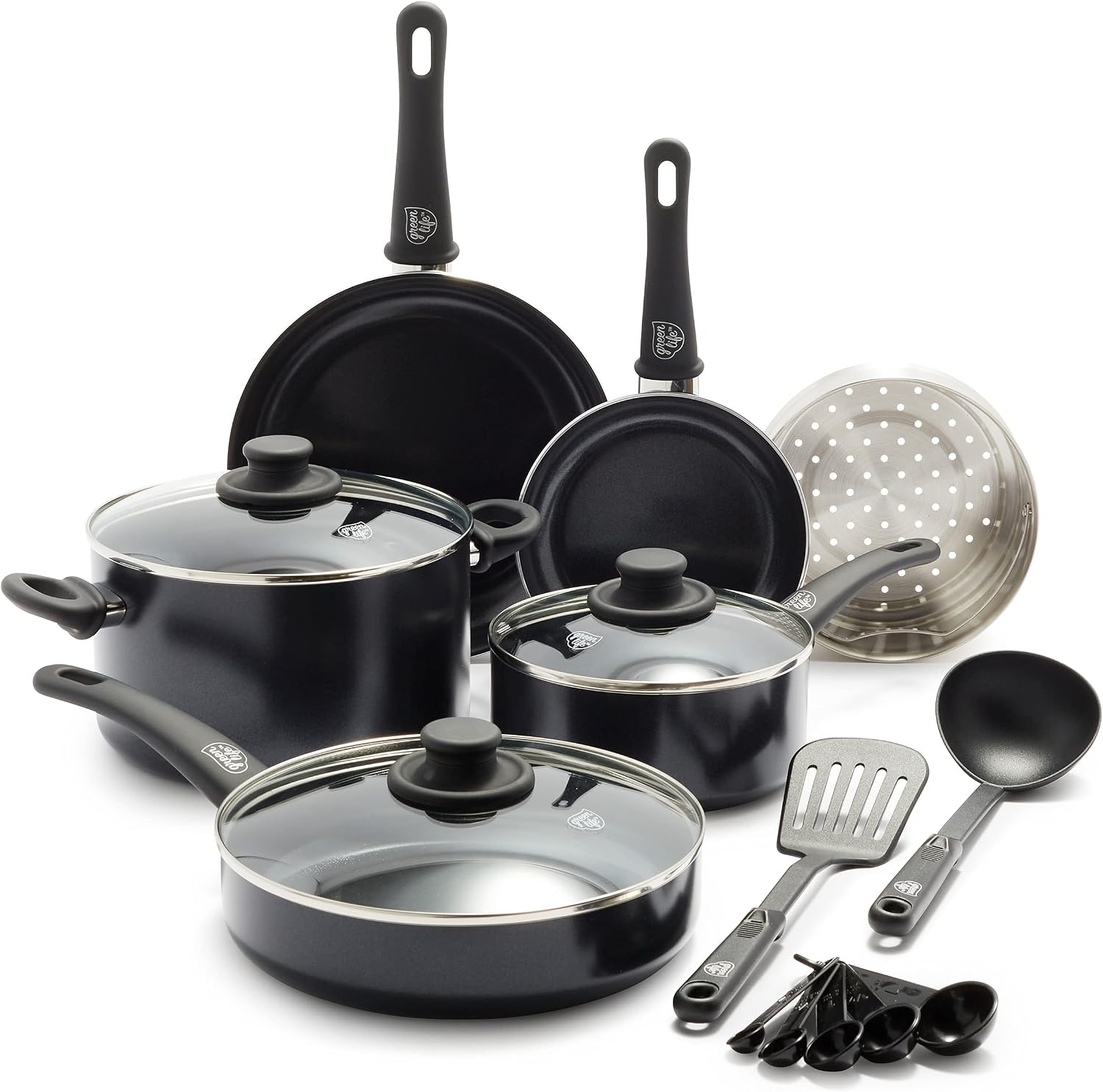 GreenLife Soft Grip Healthy Ceramic Nonstick, 15 Piece Cookware Pots and Pans Set, Induction, PFAS-Free, Dishwasher Safe, Turquoise
