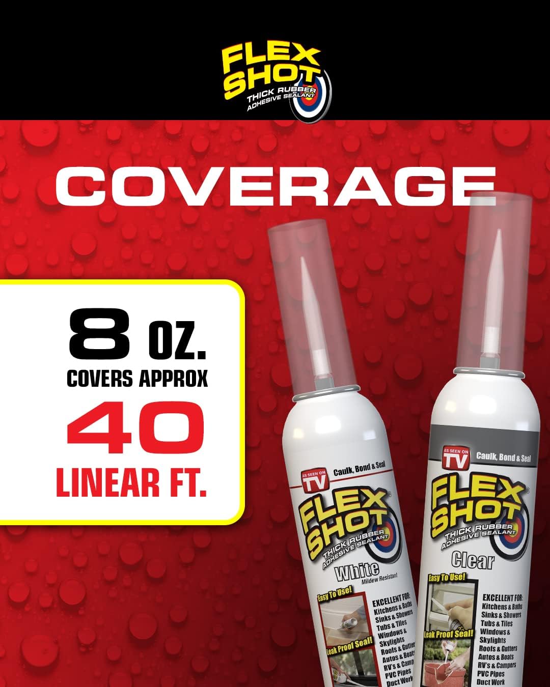 Flex Shot, Flexible Rubber Silicone Sealant, Waterproof Caulk, UV Resistant, No Caulk Gun Needed, Perfect for Kitchen, Bath, Showers, Sinks, Baseboards, Black, 8oz, 1-Pack
