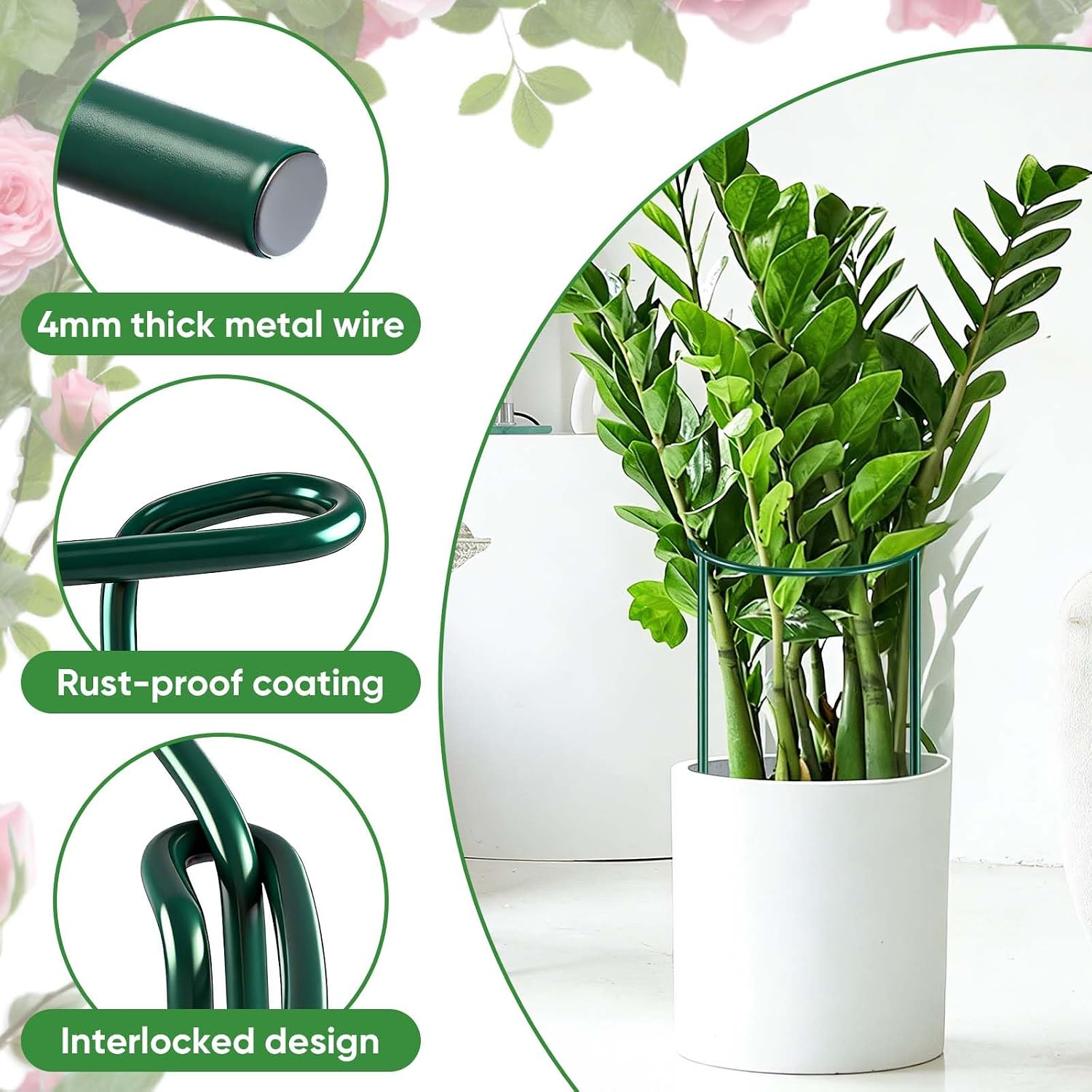 HiGift 8 Pack Plant Support Stakes, Half Round Metal Garden Plant Stake Indoor Peony Cages and Supports, Green Plant Support Ring Border for Tomato