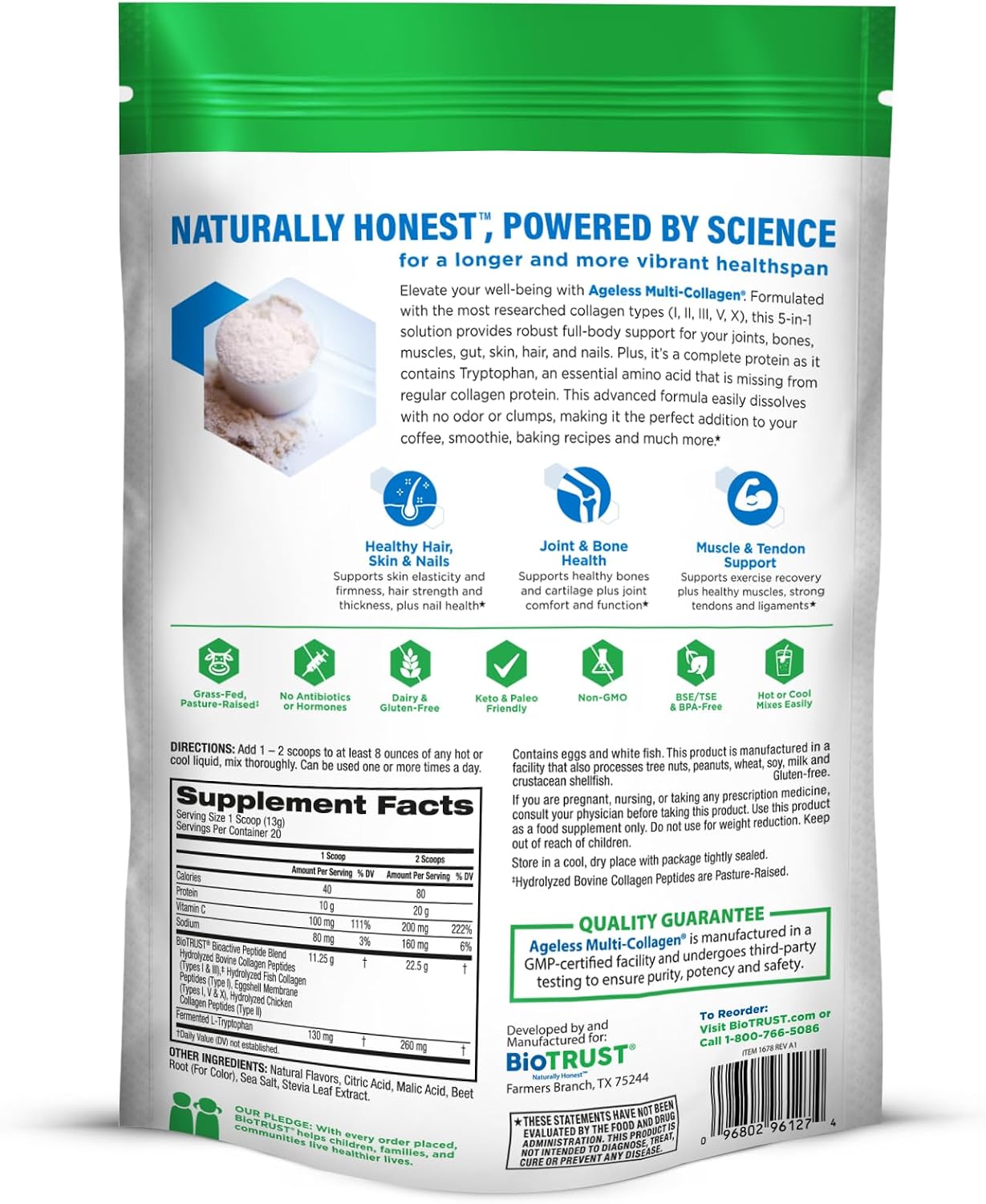 BioTrust Multi Collagen Peptides Unflavored Powder - Hydrolyzed, Grass Fed | 5 collagen types (I, II, III, V & X) from grass fed beef, fish, chicken & eggshell membrane with protein support