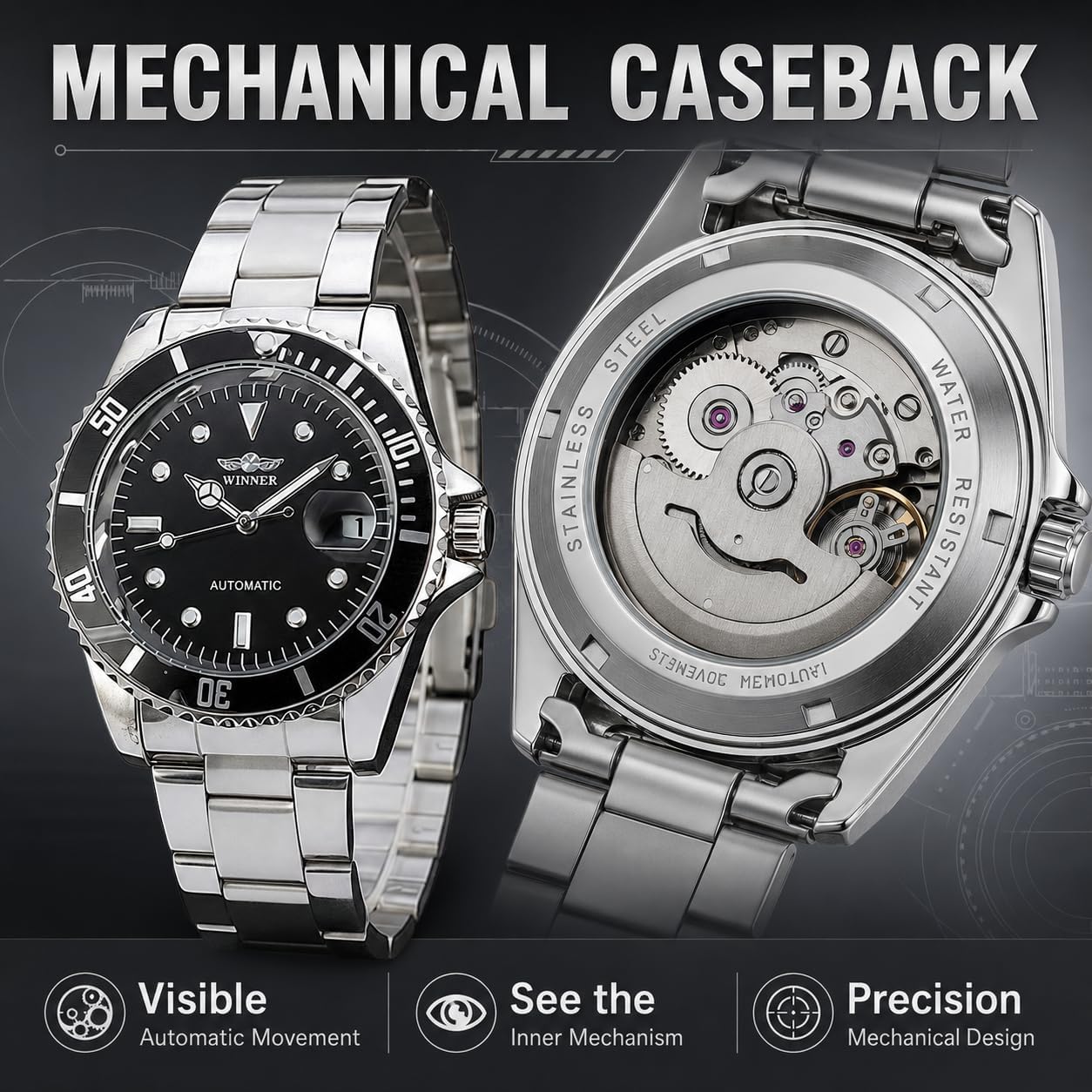 MASTOP Mens Automatic Mechanical Watches Stainless Steel Waterproof Luxury Watch for Men Reloj Automático para Hombre