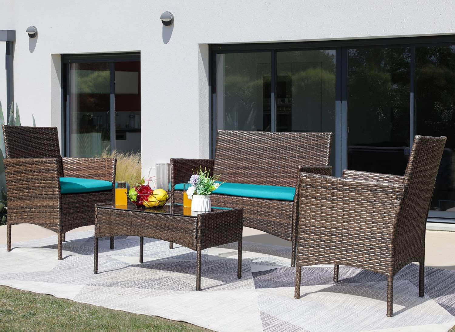 Greesum Patio Furniture 4 Pieces Conversation Sets,Brown and Beige