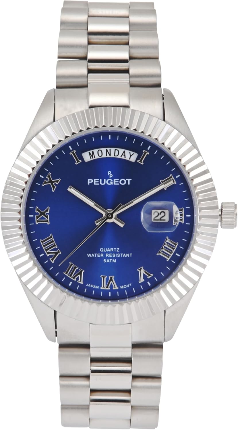 Peugeot Men's Stainless Steel Big Face Luxury Watch with Day Date Windows, Roman Numerals & Coin Edge Fluted Bezel Watch