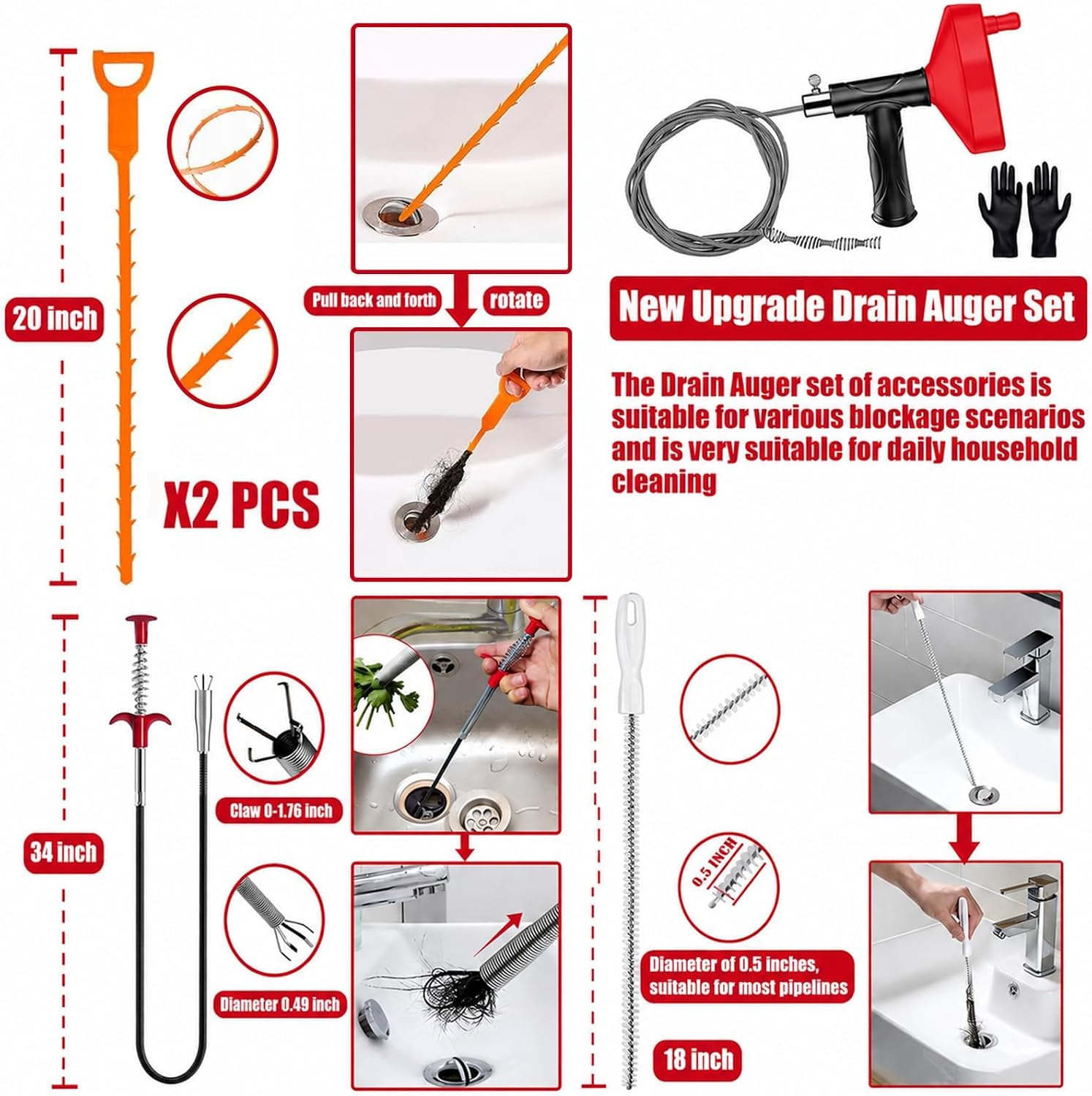 Drain Snake Auger, 33 Feet Plumbing Snake Drain Hair Clog Removal Tool, Heavy Duty Snake Auger