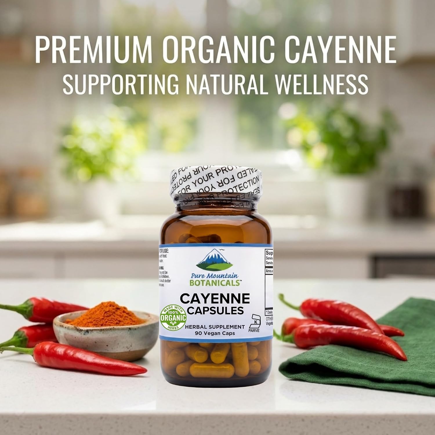 Pure Mountain Botanicals Cayenne Pepper Capsules - 500mg Organic, 90 Ct | Vegan, Kosher Certified, Gluten-Free, Capsaicin 40000-60000 HU