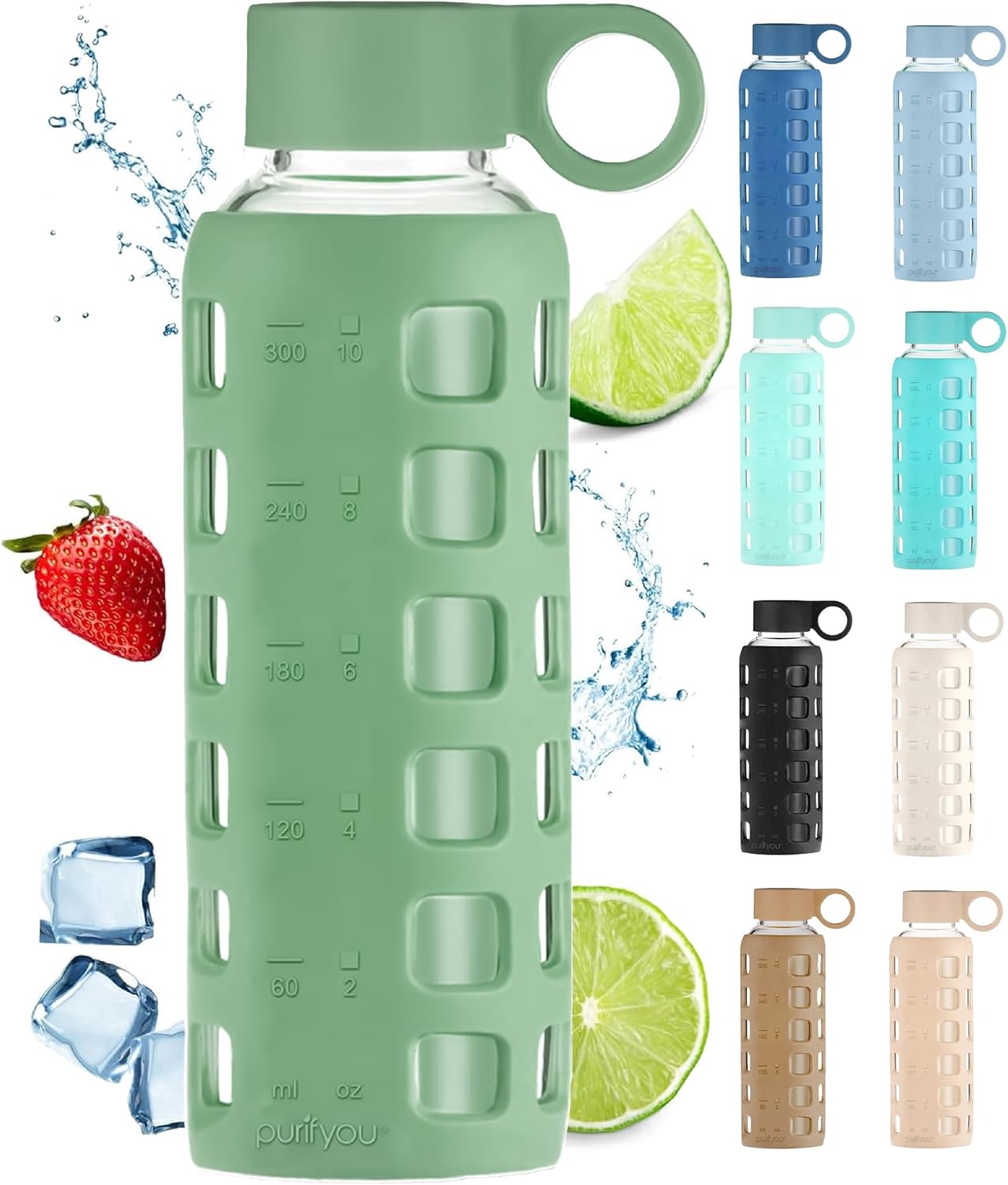 purifyou 40oz / 32oz / 22oz / 12oz Borosilicate Glass Water Bottle with Time & Volume Markers, Silicone Sleeve