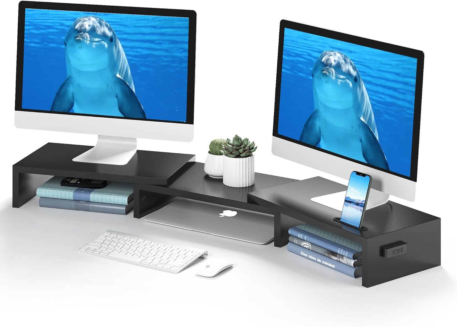 BONTEC Dual Monitor Stand Riser, Adjustable Length & Swivel Angle, Black