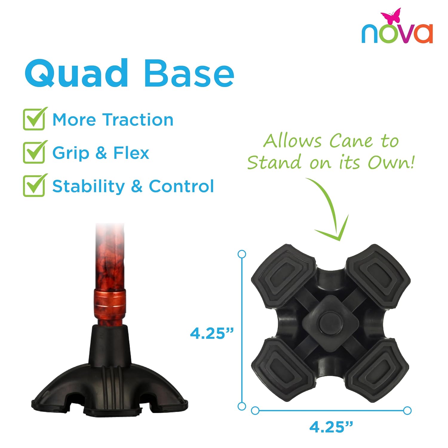 Nova Joy Designer Offset Quad Cane for Seniors - Unisex Adjustable Lightweight Walking Aid with Foam Handle, Wrist Strap and Anti-Rattle Lock - Essential Mobility Support - Maui Flowers