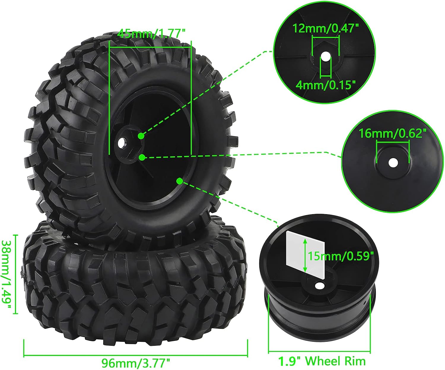 4PCS 1:10 RC Tires Rock Crawler Hex 12mm Hard Dish Wheels Rim | Rubber Tires, For Trail Finder 2, Gelande II, CR12 CC01 MST CMX, Trailer Tires