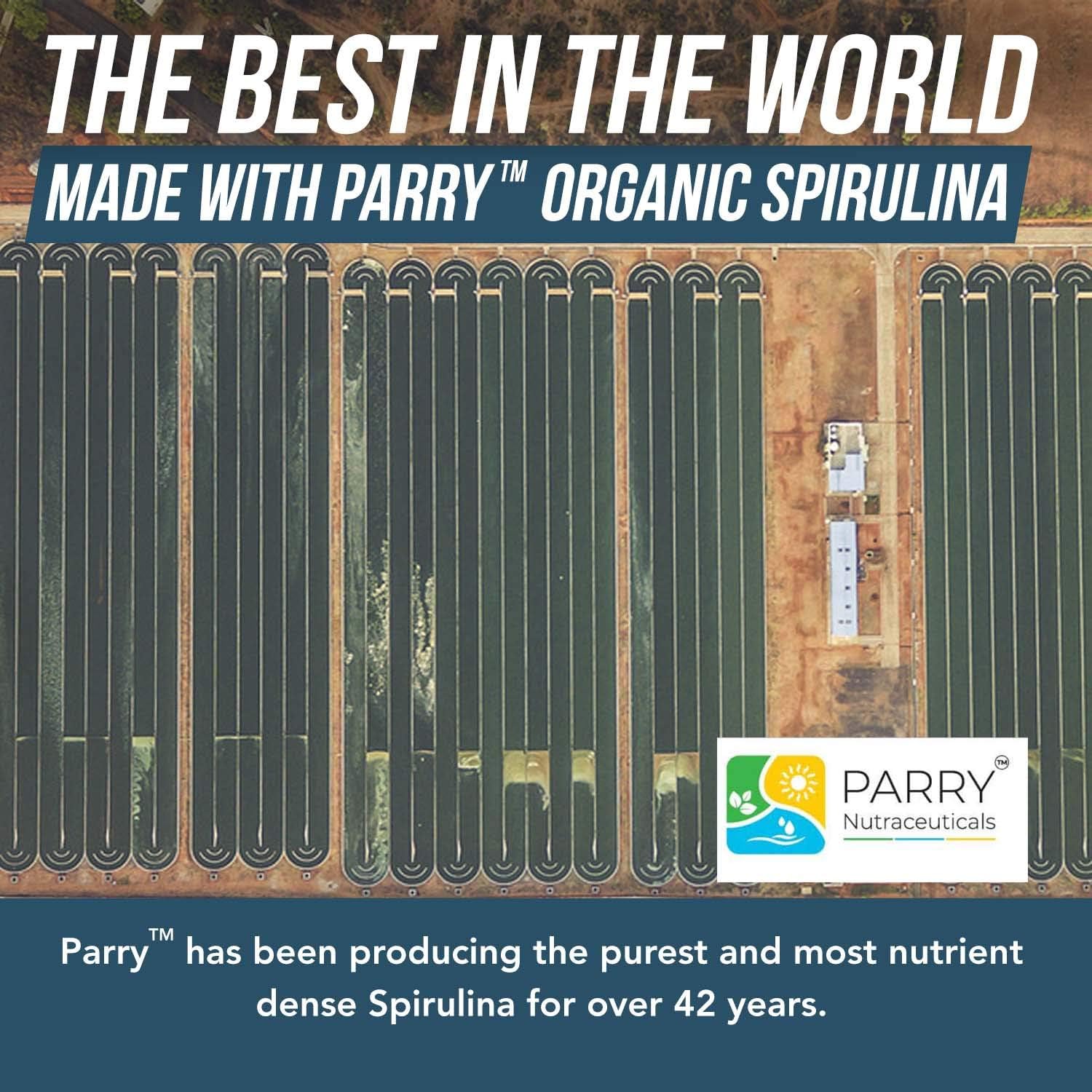 Organic Spirulina Powder – Made with Parry® Spirulina, Known for Superior Purity and Nutrient Density – Vegan Farming – Non-Irradiated – Blue-Green Algae Superfood Supplement – 75 Servings – 8 oz