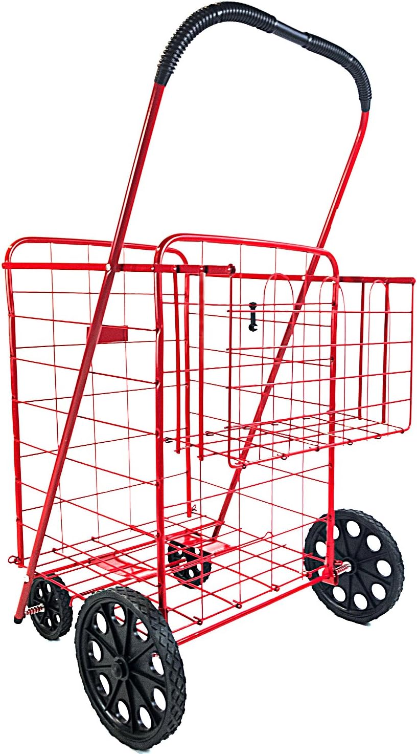 ATH Large Deluxe Rolling Utility / Shopping Cart - Stowable Folding Heavy Duty Cart with Rubber Wheels For Haul Laundry, Groceries, Toys, Sports Equipment, Red