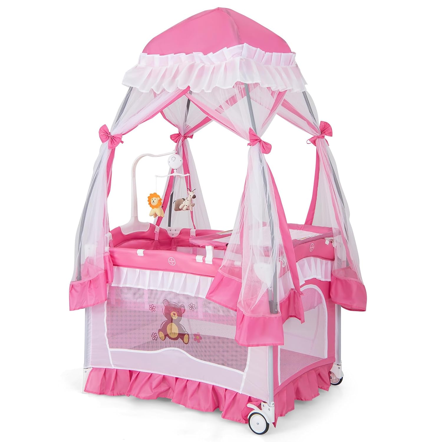 HONEY JOY 4-in-1 Pack and Play with Canopy, Portable Baby Playard w/Changing Table and Infant Bassinet Cute Toys & Music