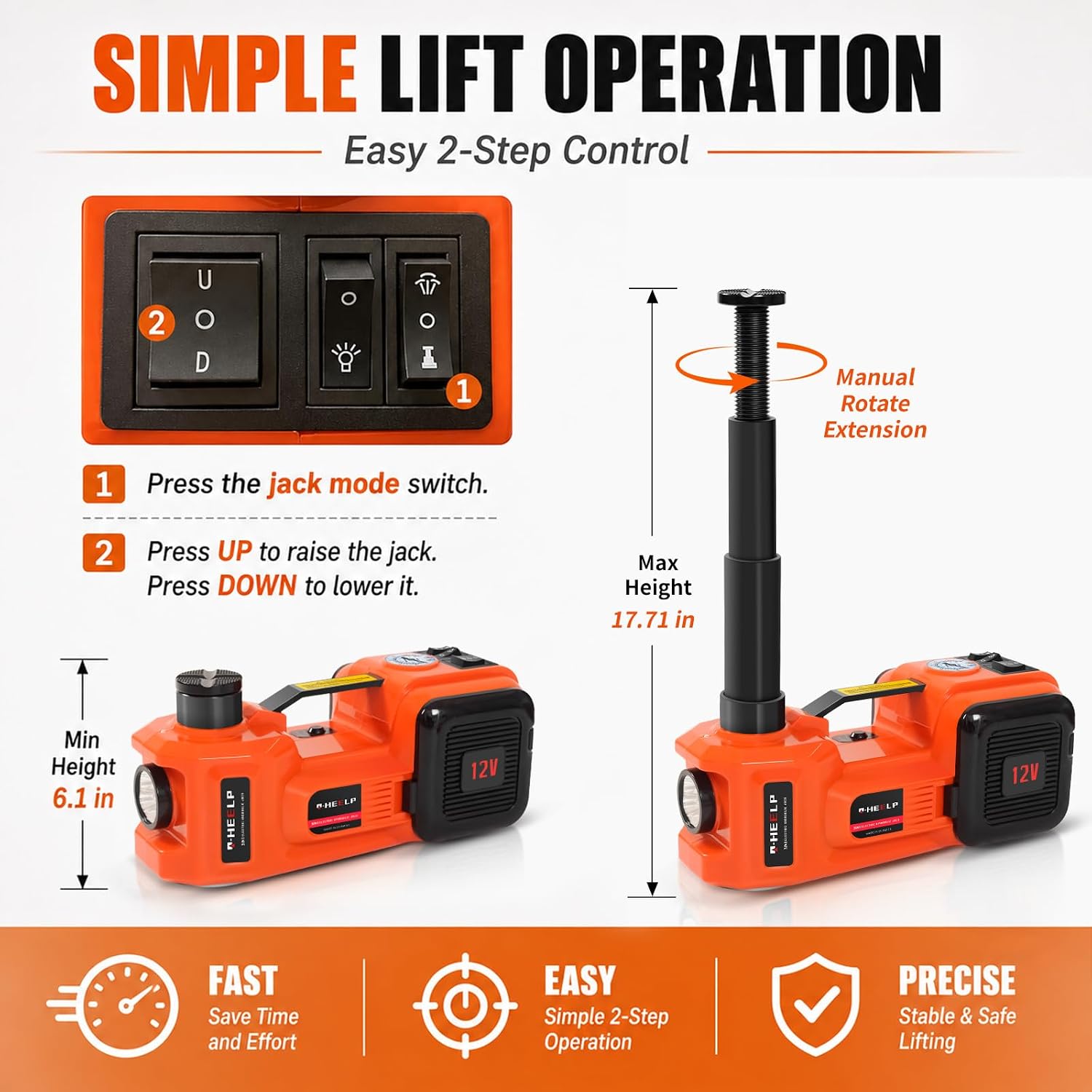 E-HEELP Electric Car Jack Kit 5 Ton 12V with Impact Wrench, 6.1-17.7 in
