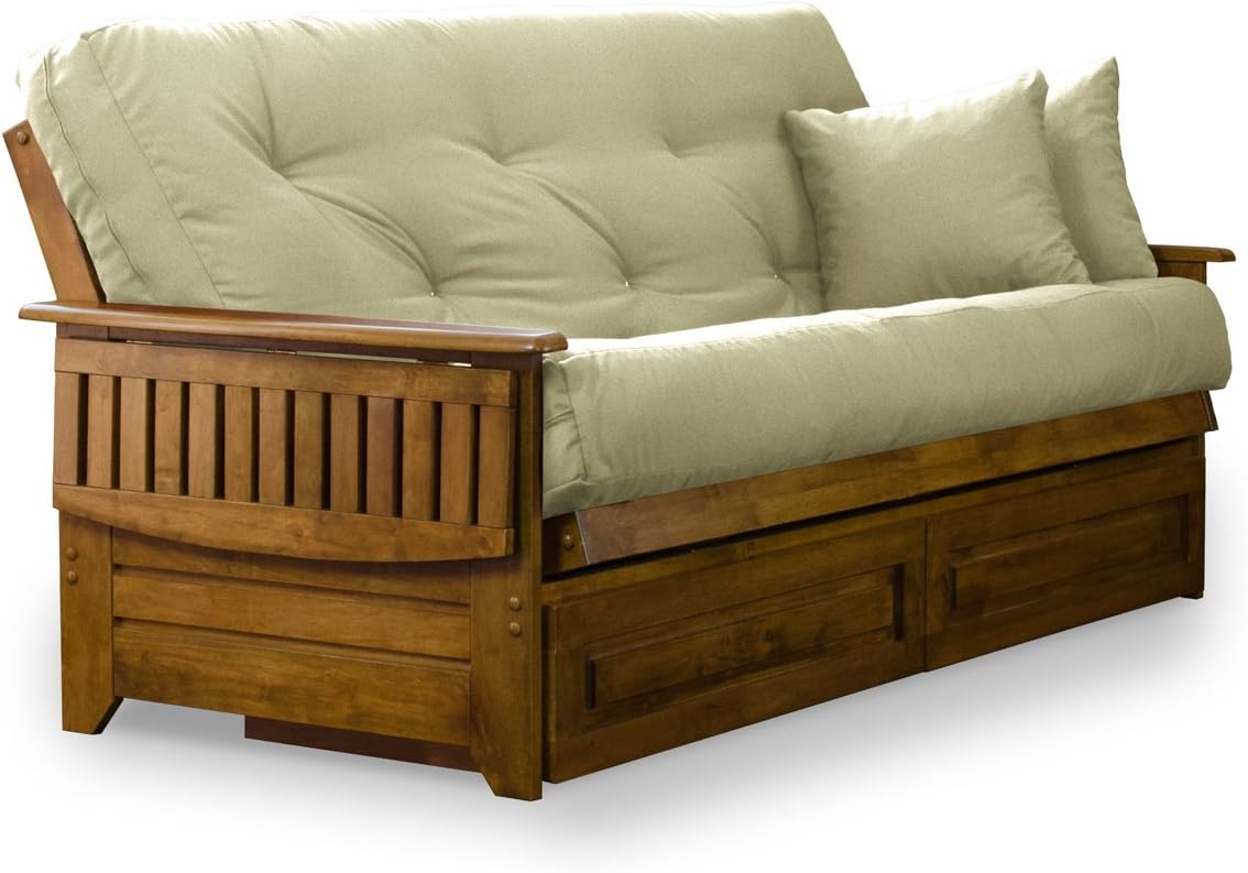 Brentwood Tray Arm Futon Frame, Drawers, and Khaki Mattress Set - Queen, Rich Heritage Finish