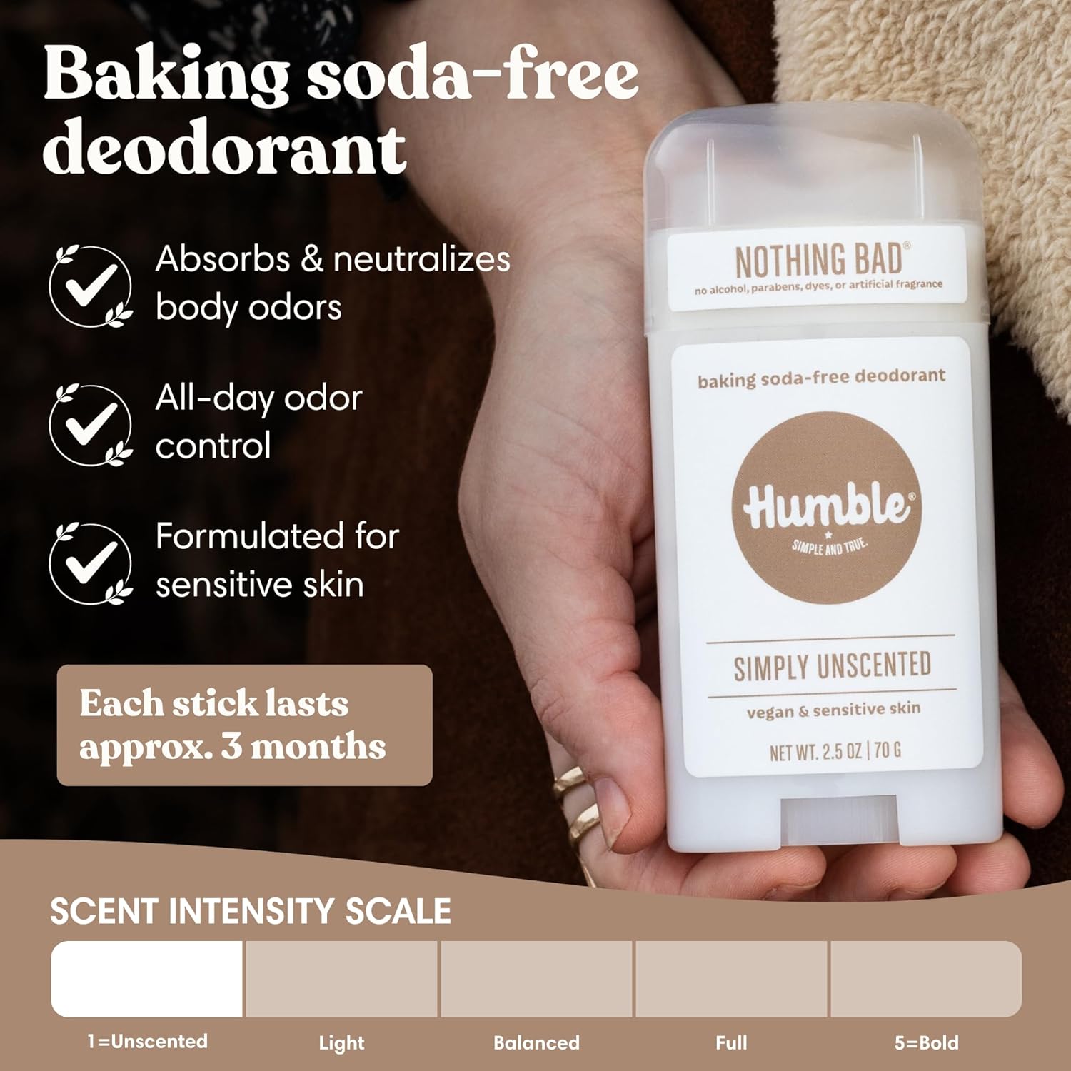 Humble Aluminum-Free Deodorant, Simply Unscented - 1 Pack | Baking Soda-Free, Clean, Fresh, Natural, Essential Oils, Sensitive Skin, Long-Lasting Odor Control, Cruelty-Free, Men & Women