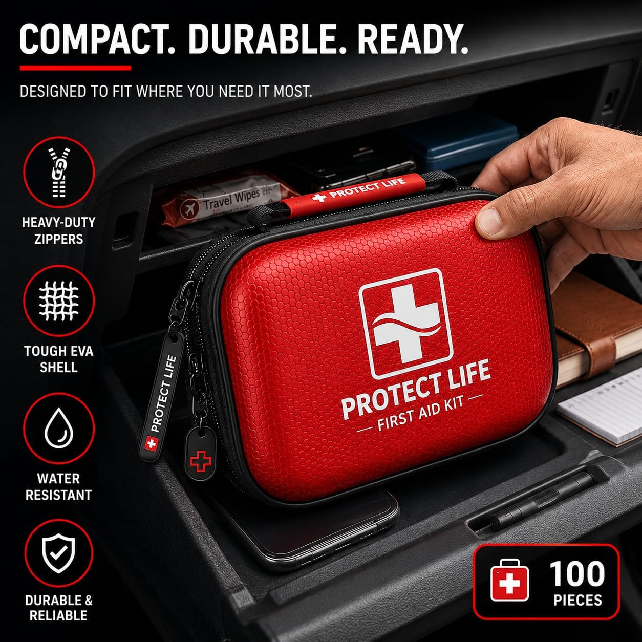 Protect Life Travel First Aid Kit for Car - Small Mini Emergency Kit, 100 Piece Waterproof First Aid Kit for Home, Camping, Boat & Hiking - Includes Emergency Blanket & First Aid Guide