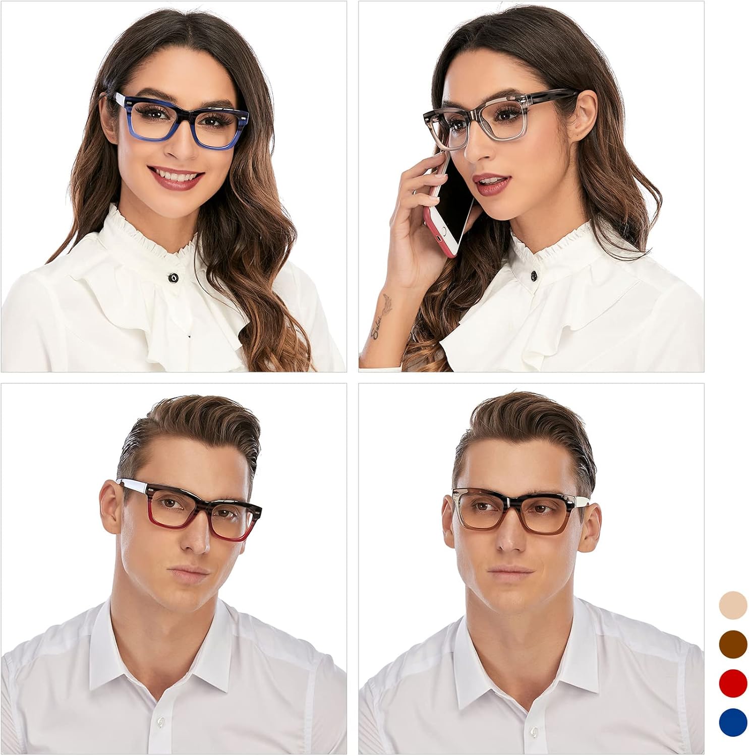 AQWANO Oversized Computer Reading Glasses Blue Light Blocking, 4 Pairs Stylish Fashion Design Anti UV Ray/Eye Strain/Glare Readers Men Women, 1.5