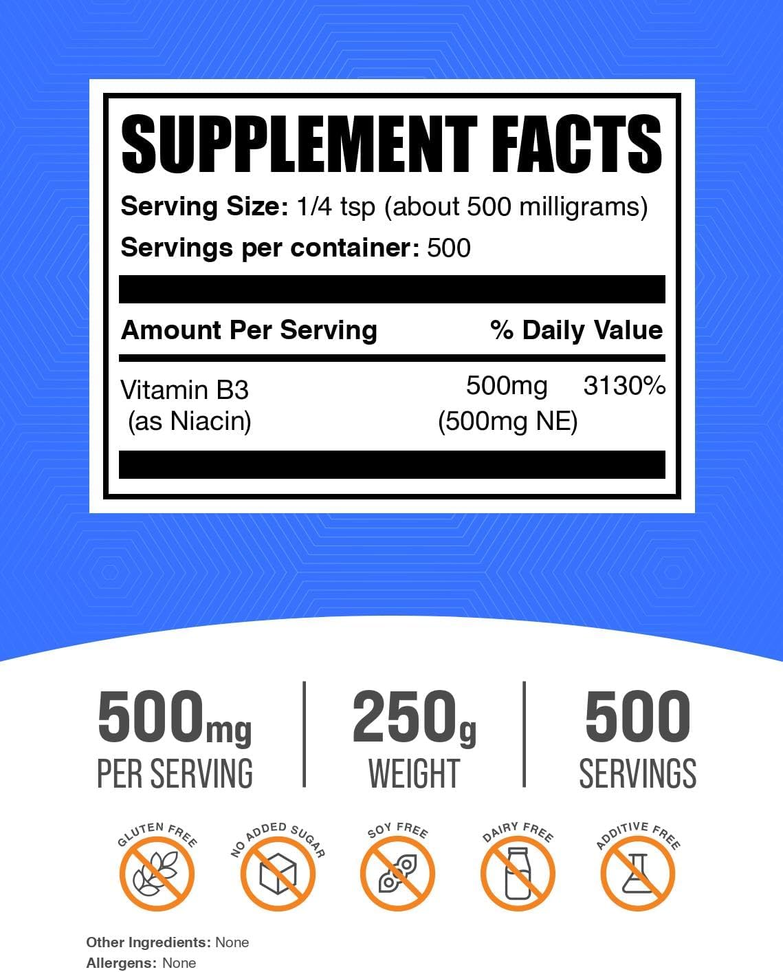 BulkSupplements.com Niacin Powder - Vitamin B3 Supplement, Niacin Flush - Gluten Free, 500mg per Serving, 250g (8.8 oz) (Pack of 1)