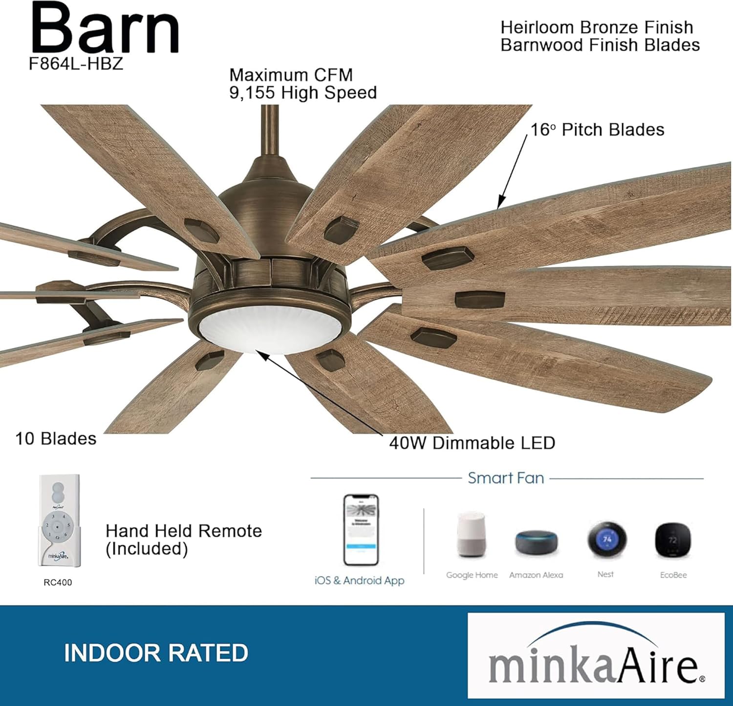 MINKA-AIRE F864L-HBZ Barn 65 Ceiling Fan with LED Light and DC Motor, Brown Heirloom Bronze Finish