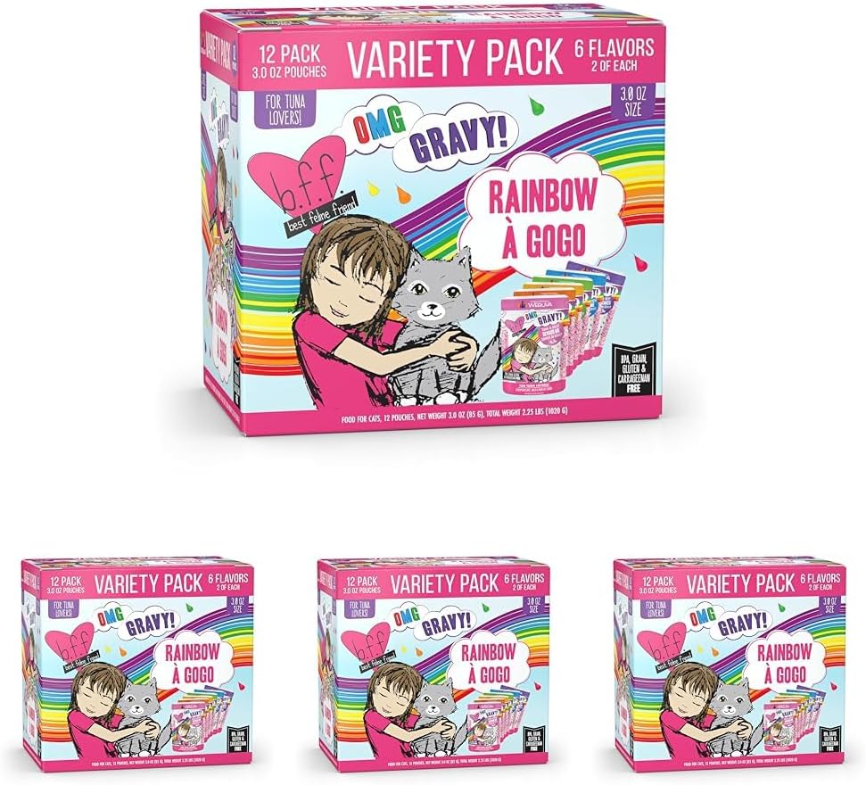 Weruva B.F.F. OMG - Best Feline Friend Oh My Gravy!, Tuna & Salmon Sweet Cheeks with Tuna & Salmon in Gravy Cat Food, 3oz Pouch (Pack of 12)