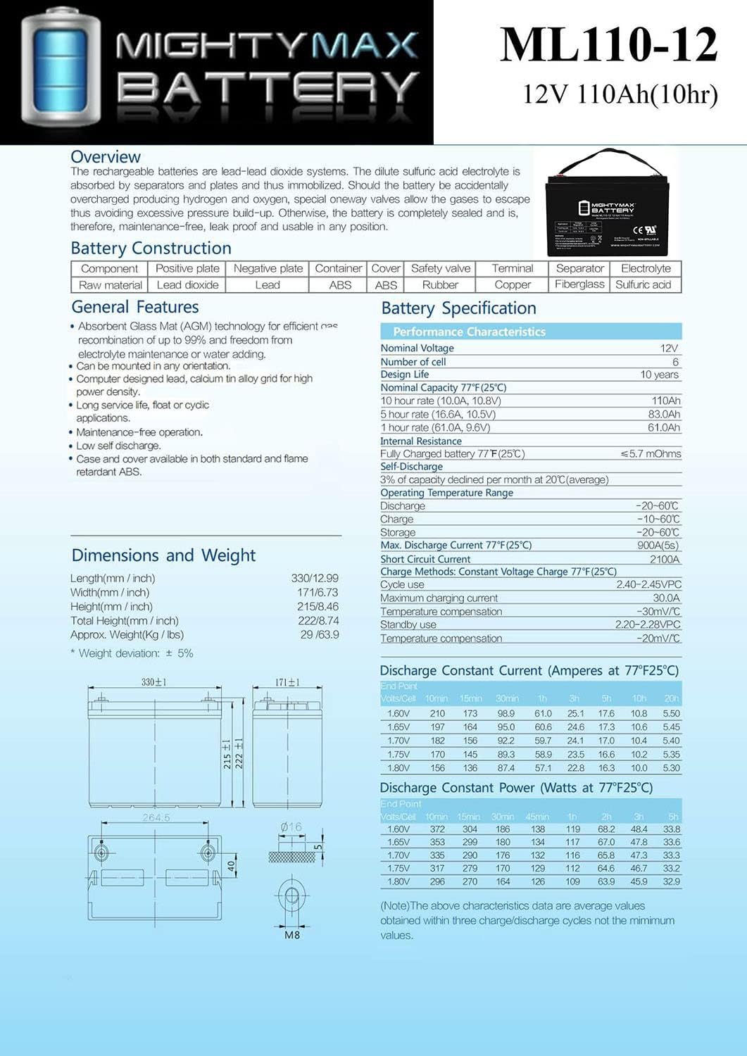 ML100-12 - 12 Volt 100 AH, Internal Thread (INT) Terminal, Rechargeable SLA AGM Battery, 1 Count (Pack of 1)