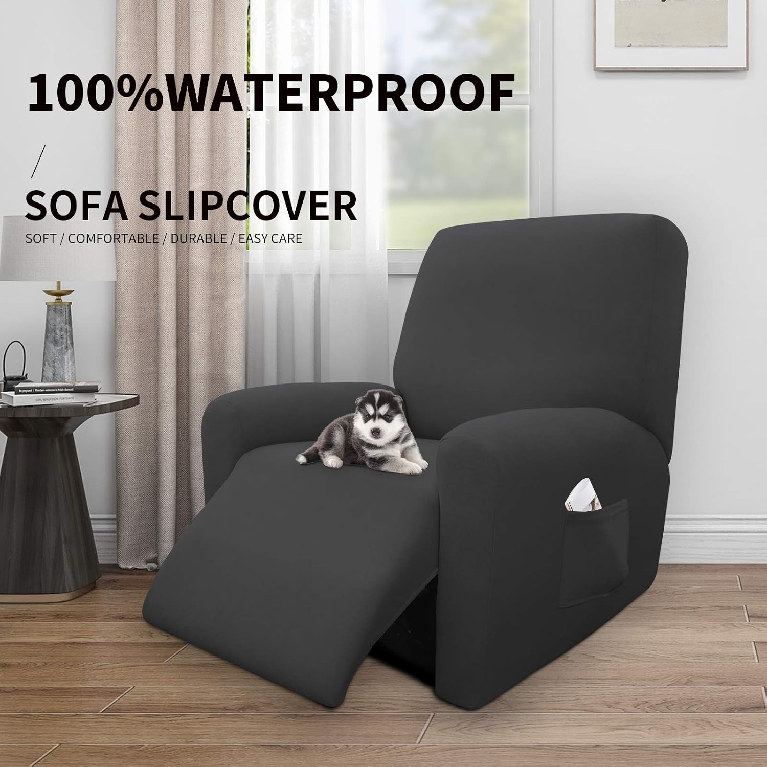 Easy-Going 4 Pieces Waterproof Recliner Chair Slipcover Washable | Stretch Soft Couch Cover for Dogs, Sofa Slipcover for Recliner Couch Furniture Protector for Kids, Pets Dark Gray