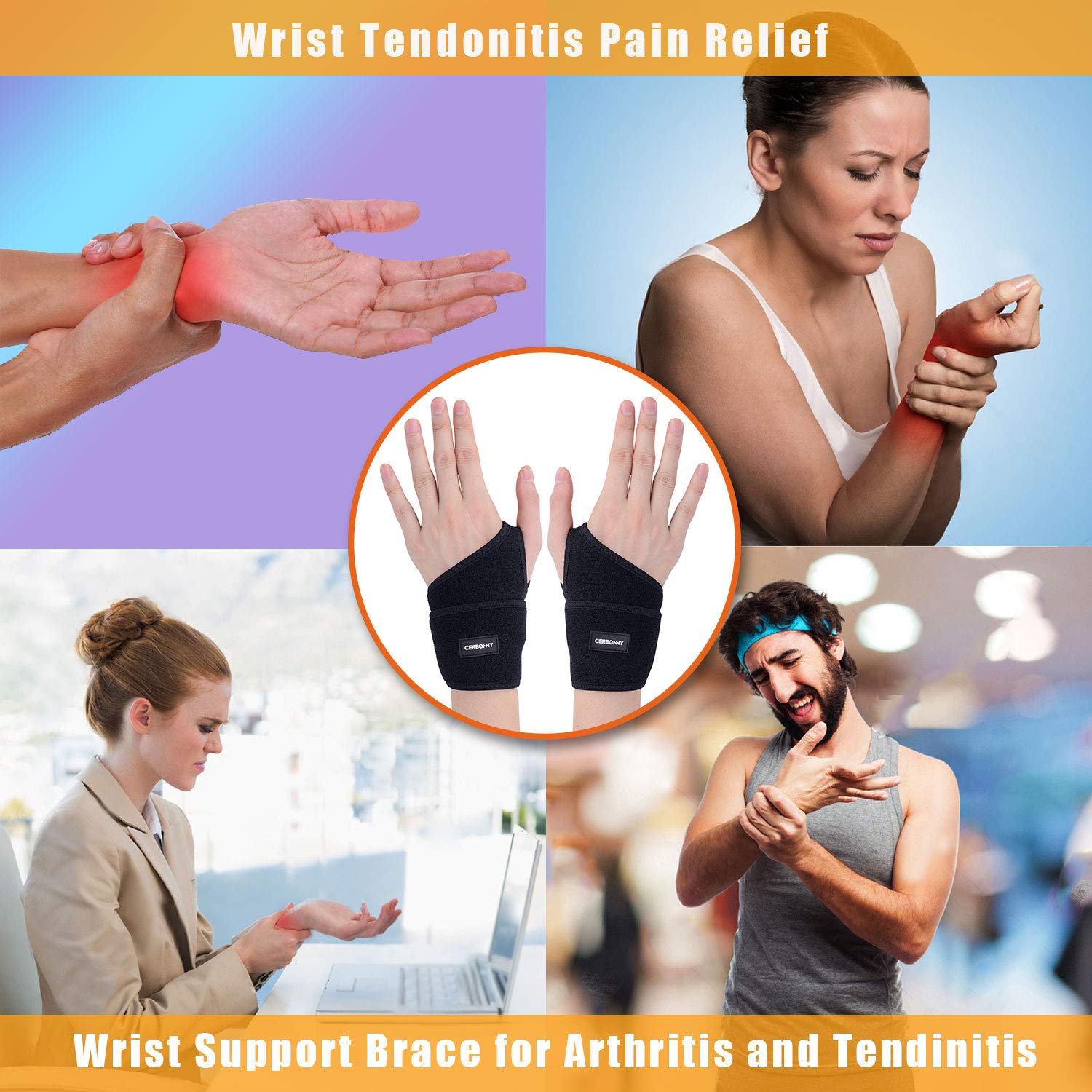 CERBONNY Carpal Tunnel Wrist Brace,2Pack Wrist Support Brace Adjustable Wrist Strap Reversible Wrist Brace for Sports Protecting/Carpal Tunnel/Arthritis-Right&Left