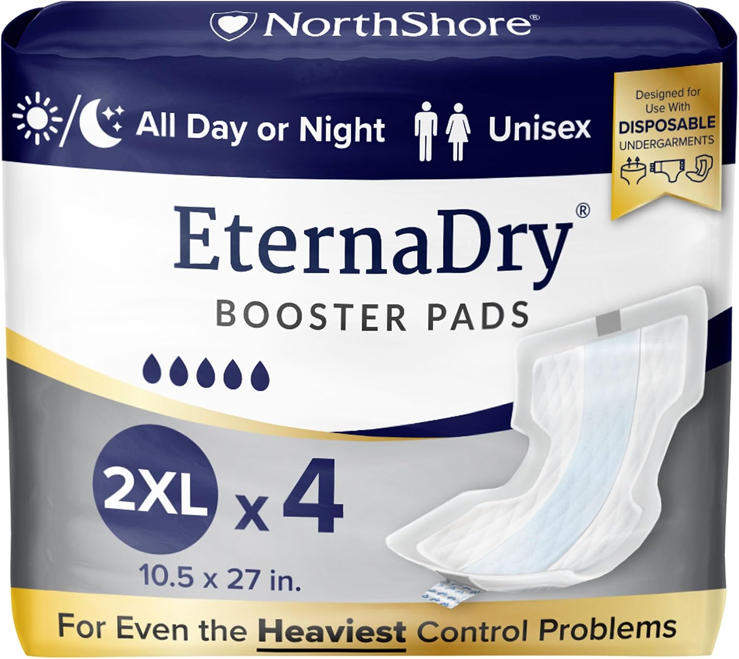 NorthShore EternaDry Booster Pads with Adhesive, Large, 30 Count | Diaper Doublers for Men and Women, Extended Leak Protection, Overnight Heavy Bladder Leaks, Minimize Changes, 6x16 in.