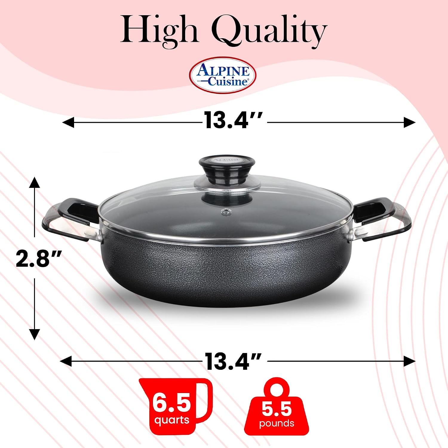 Alpine Cuisine 4 Quart Non-stick Stock Pot with Tempered Glass Lid and Carrying Handles, Multi-Purpose Cookware Aluminum Dutch Oven for Braising, Boiling, Stewing