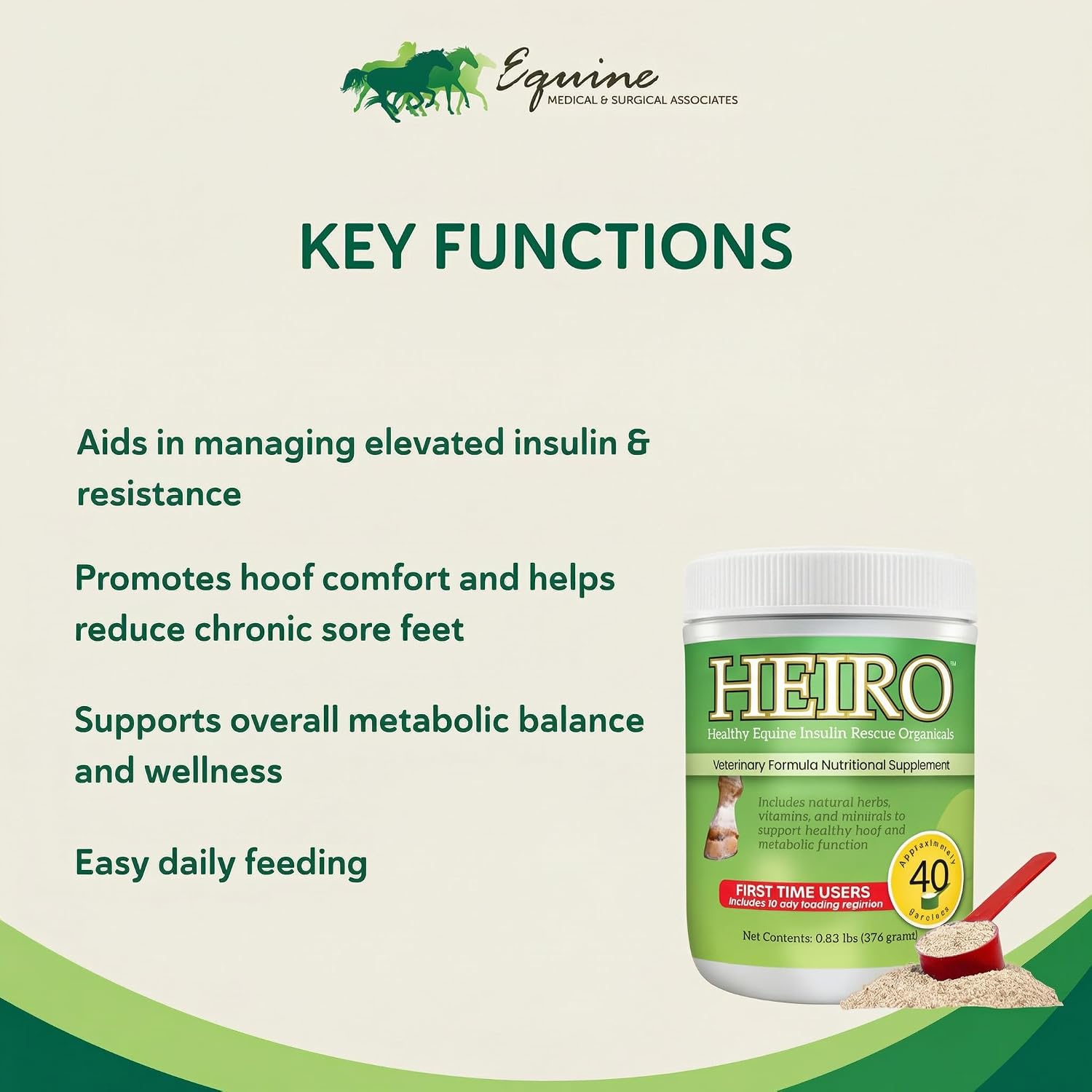 HEIRO Healthy Equine Nutritional Supplement for Horses, Herbal Blend with Magnesium and Vitamin E, Daily Metabolic Support Formula, Feed Powder, 90 Servings