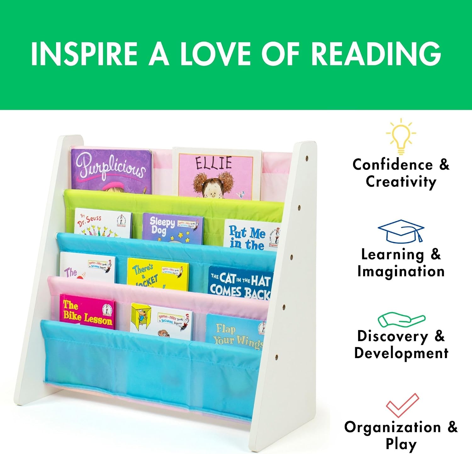 Humble Crew Kids Bookshelf, Montessori Front Facing Toddler Bookcase 4 Tier | Book display rack and reading nook organizer, nylon pockets show covers face out, compact for any playroom or bedroom space