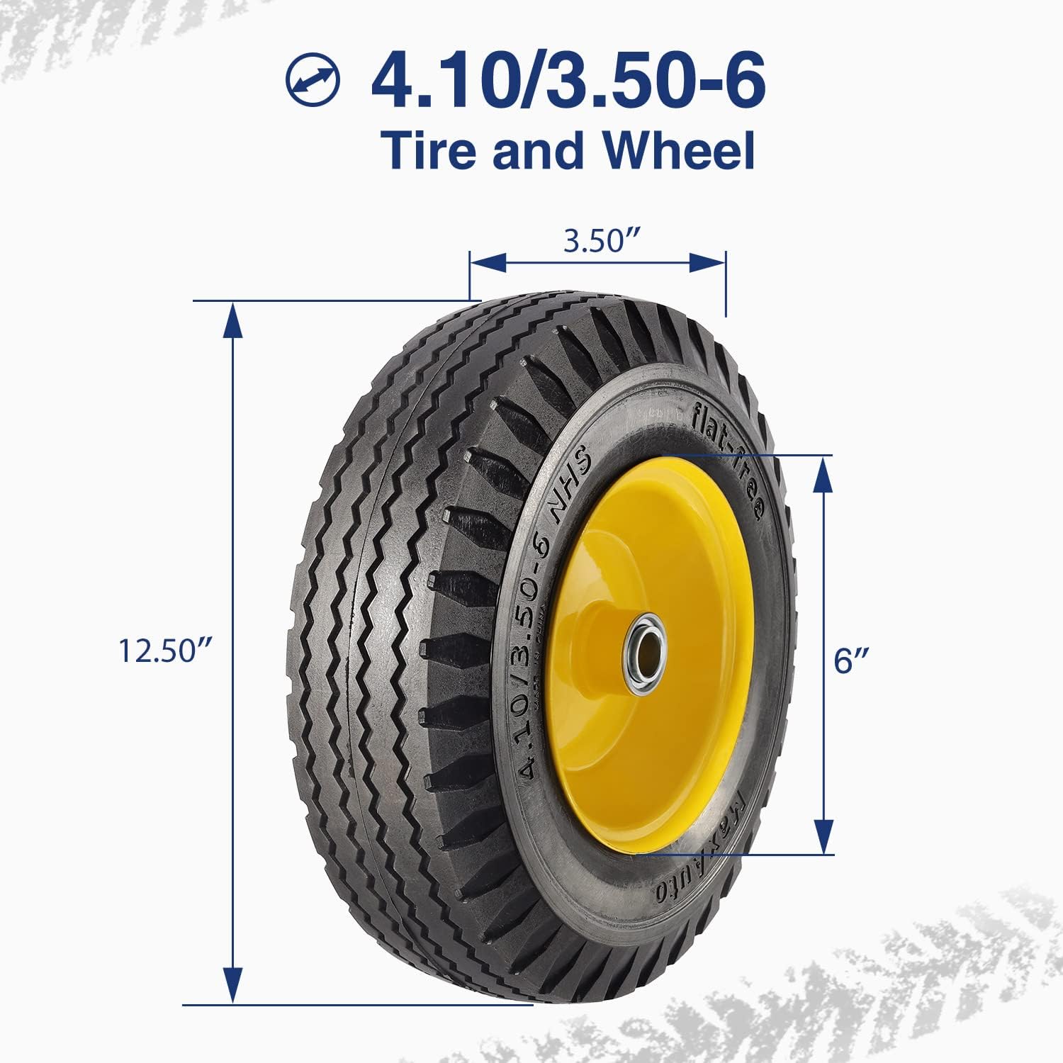 MaxAuto 4.10/3.50-6" Flat Free Tire & Wheel, 3" Centered Hub, 3/4" Bearings